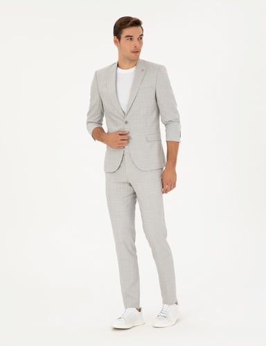 Gri Extra Slim Fit Ekose Takım Elbise