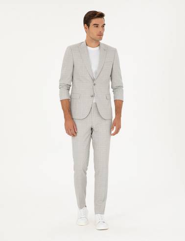Gri Extra Slim Fit Ekose Takım Elbise