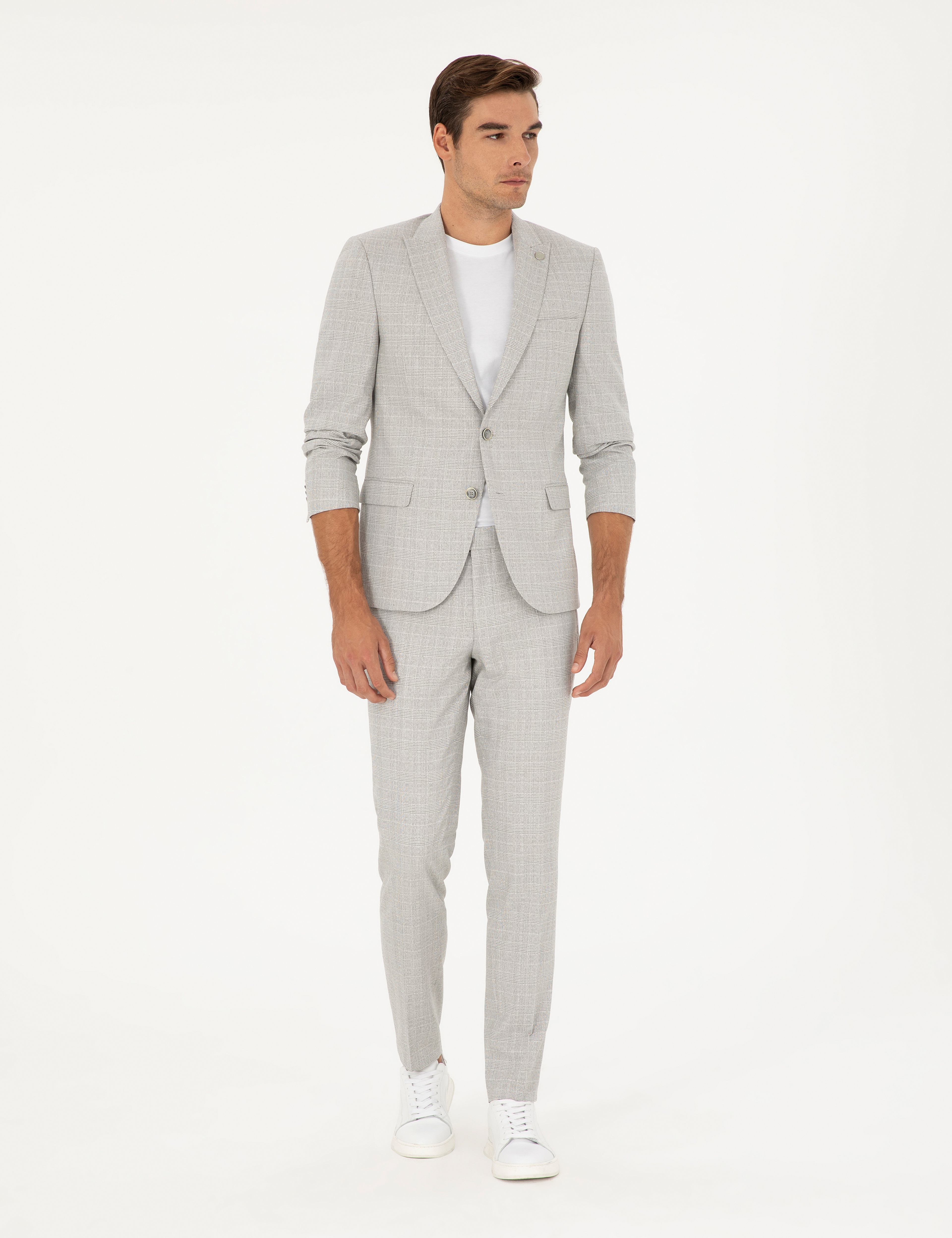 Gri Extra Slim Fit Ekose Takım Elbise - Image 3