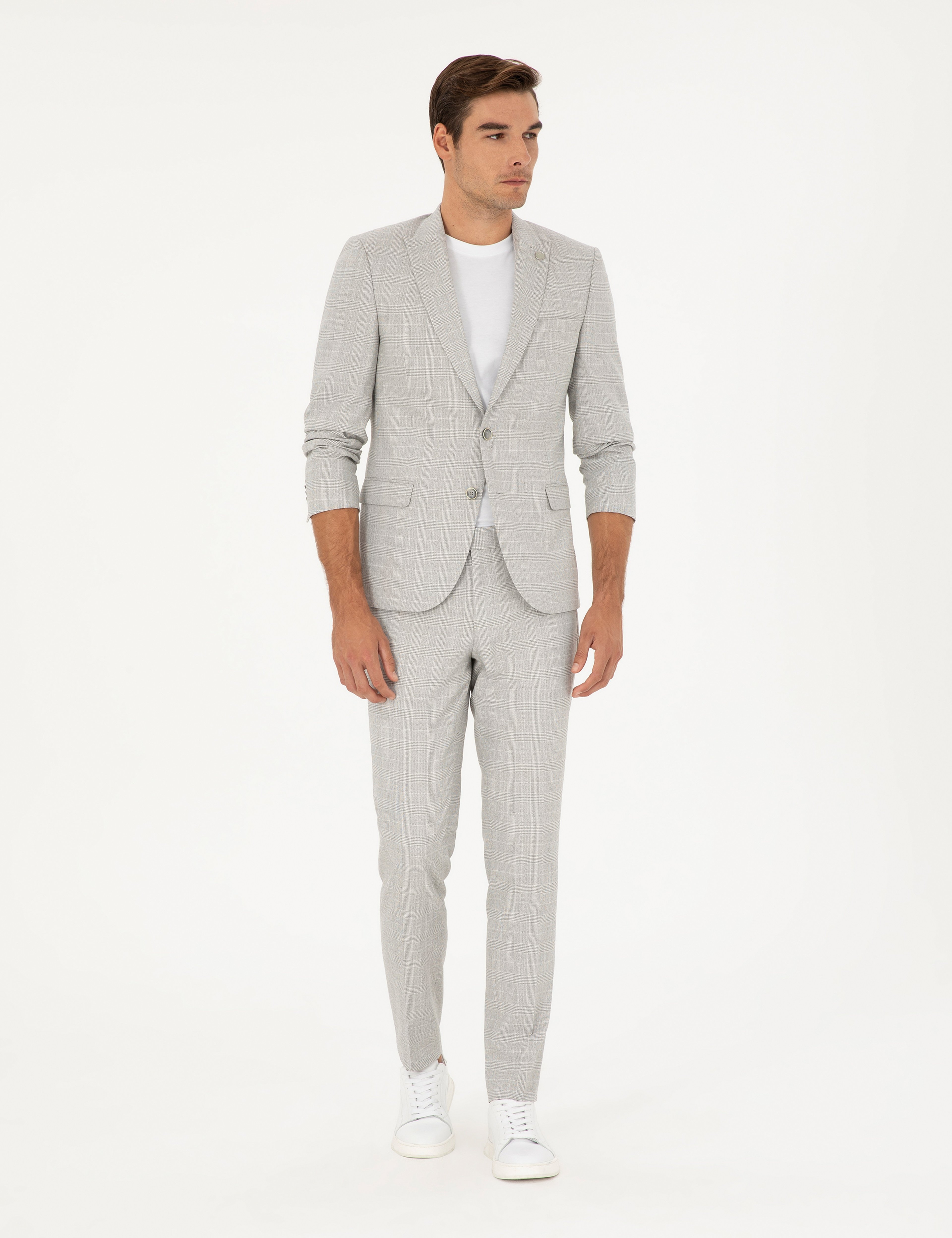 Gri Extra Slim Fit Ekose Takım Elbise