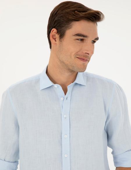 Açık Mavi Keten Regular Fit Uzun Kollu Gömlek - 50284915087