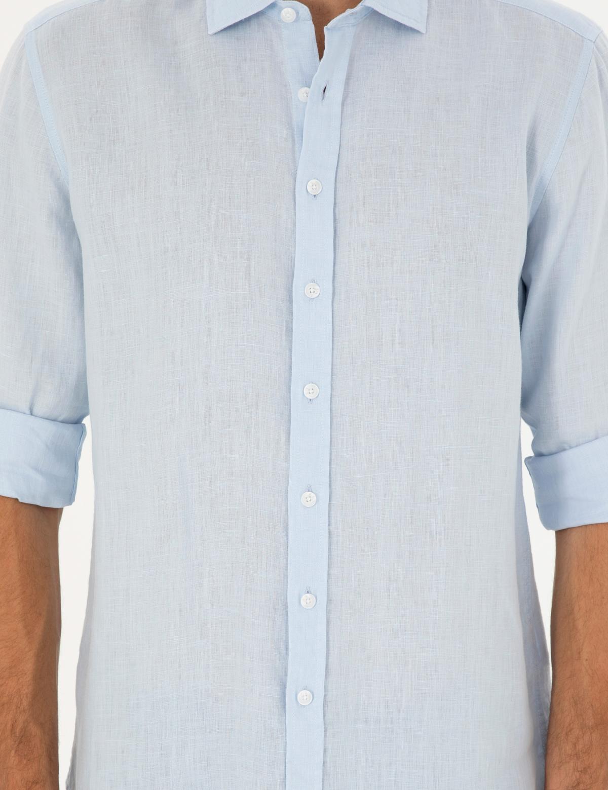 Açık Mavi Keten Regular Fit Uzun Kollu Gömlek - 50284915087