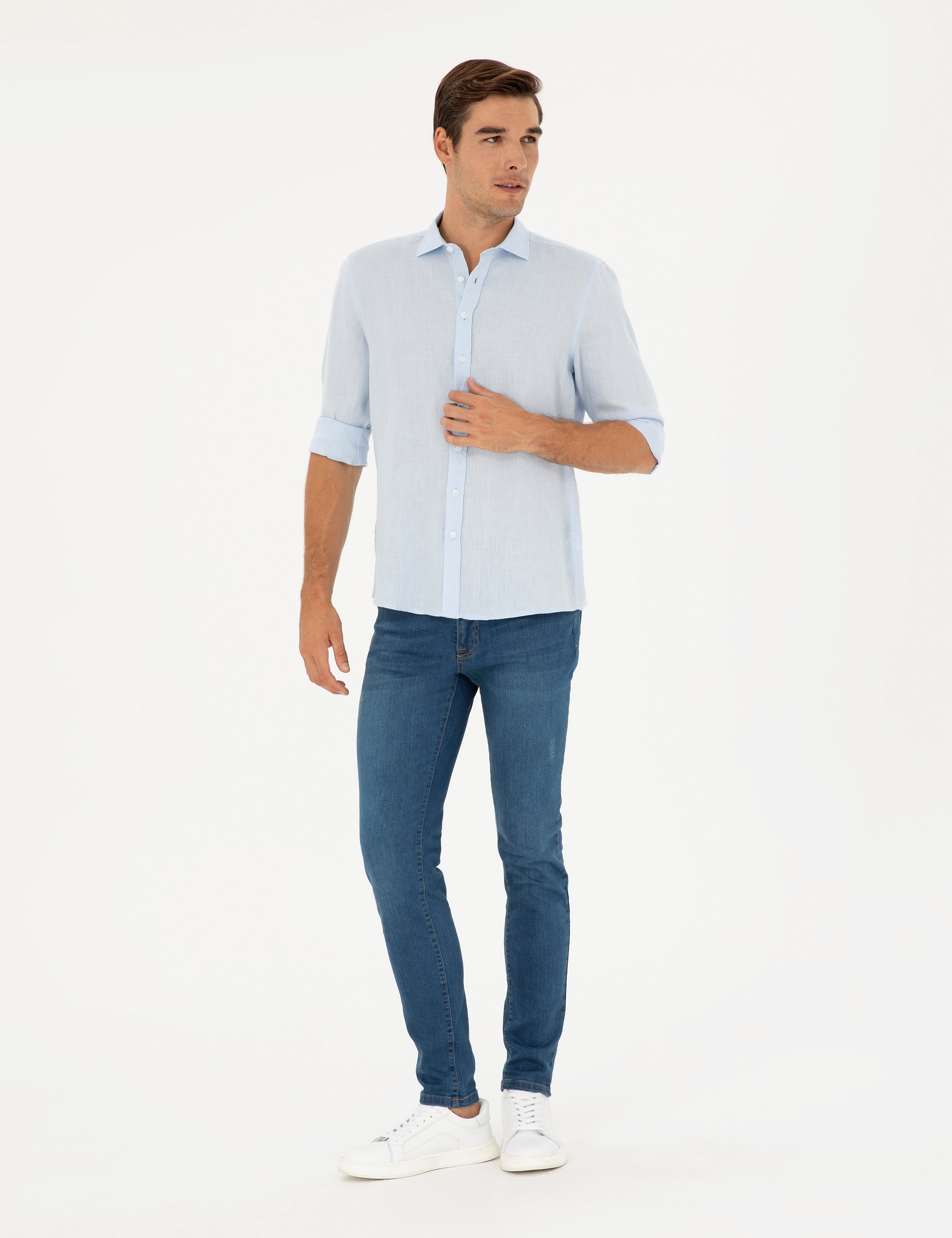 Açık Mavi Keten Regular Fit Uzun Kollu Gömlek