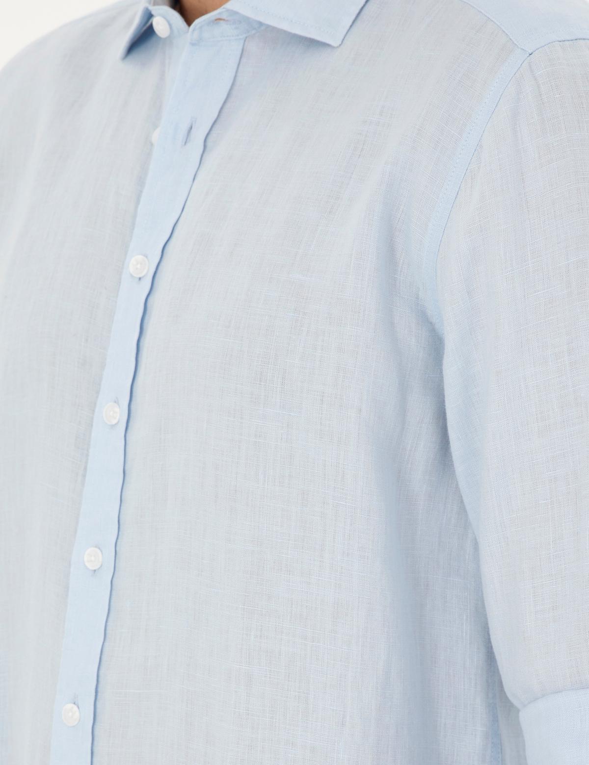 Açık Mavi Keten Regular Fit Uzun Kollu Gömlek - 50284915087