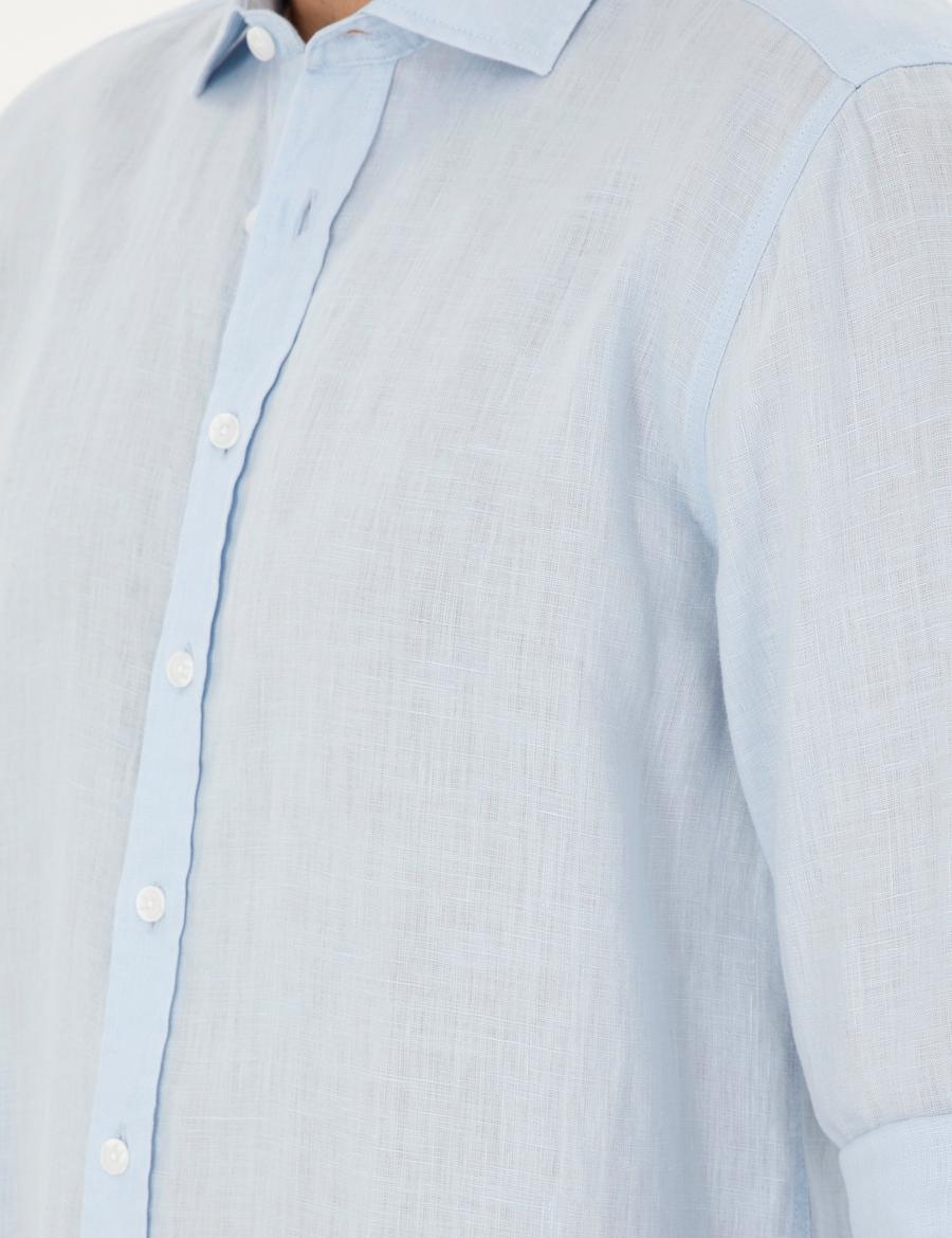 Açık Mavi Keten Regular Fit Uzun Kollu Gömlek