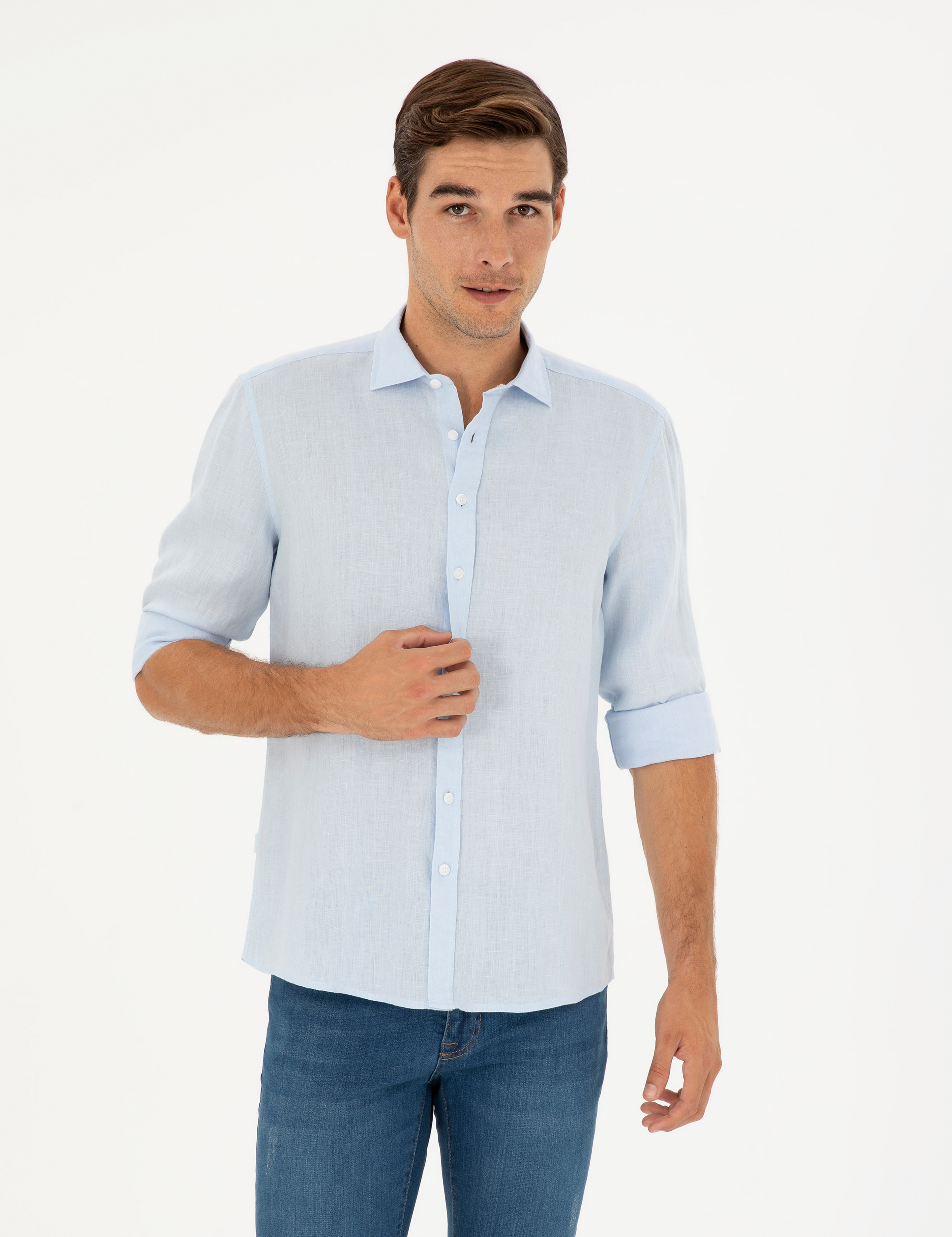 Açık Mavi Keten Regular Fit Uzun Kollu Gömlek - Image 1
