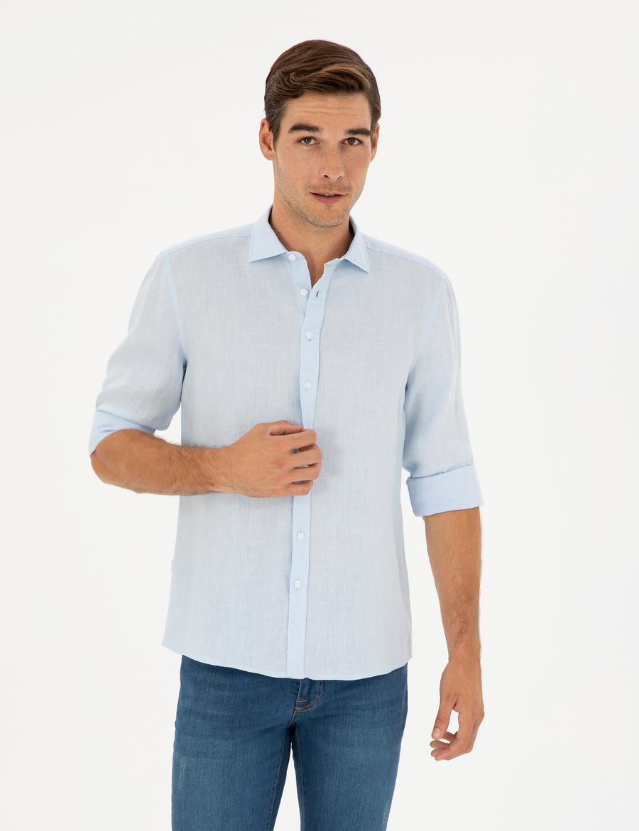 Açık Mavi Keten Regular Fit Uzun Kollu Gömlek