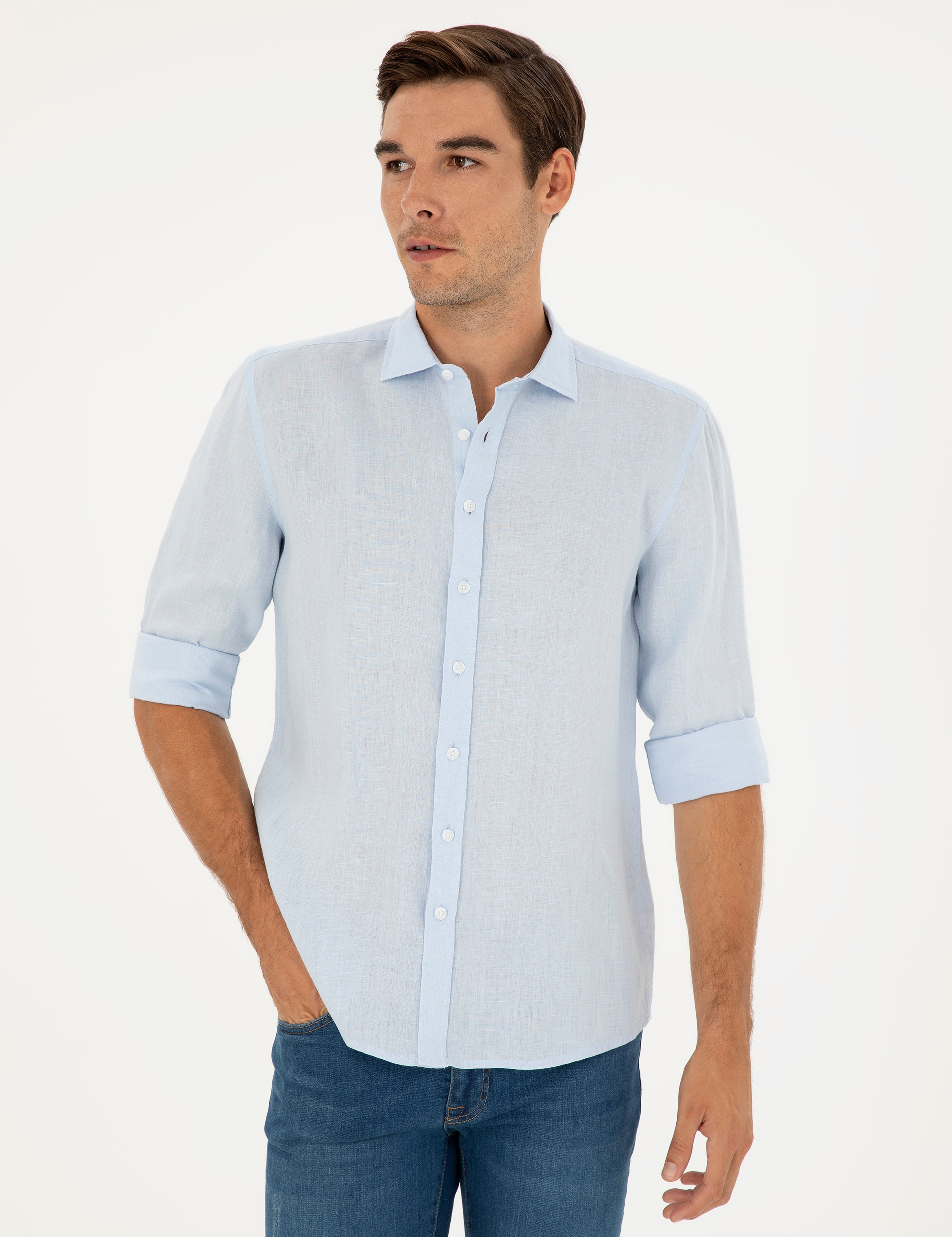 Açık Mavi Keten Regular Fit Uzun Kollu Gömlek - Image 3