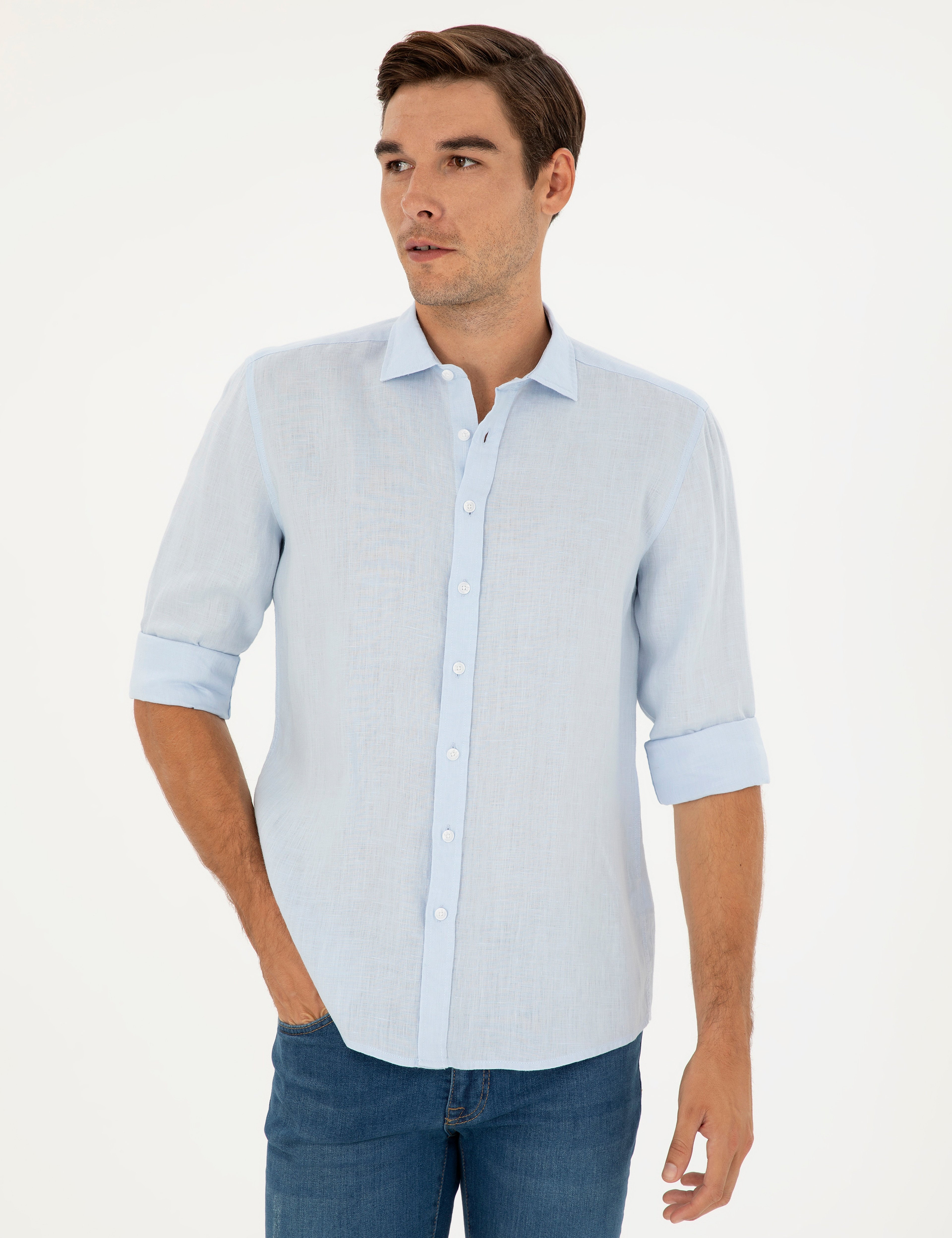 Açık Mavi Keten Regular Fit Uzun Kollu Gömlek