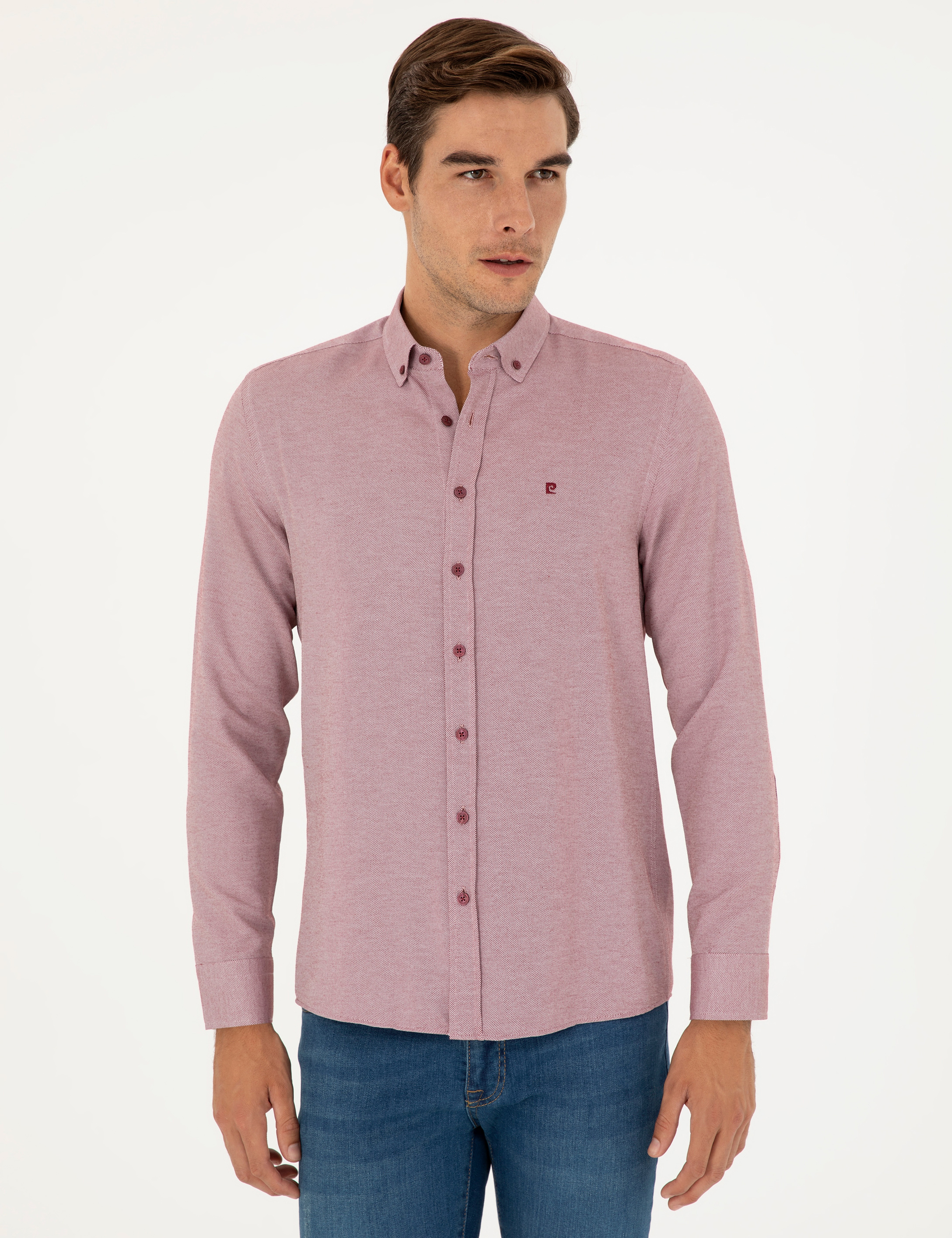 Bordo Oxford Slim Fit Uzun Kollu Gömlek - Image 3