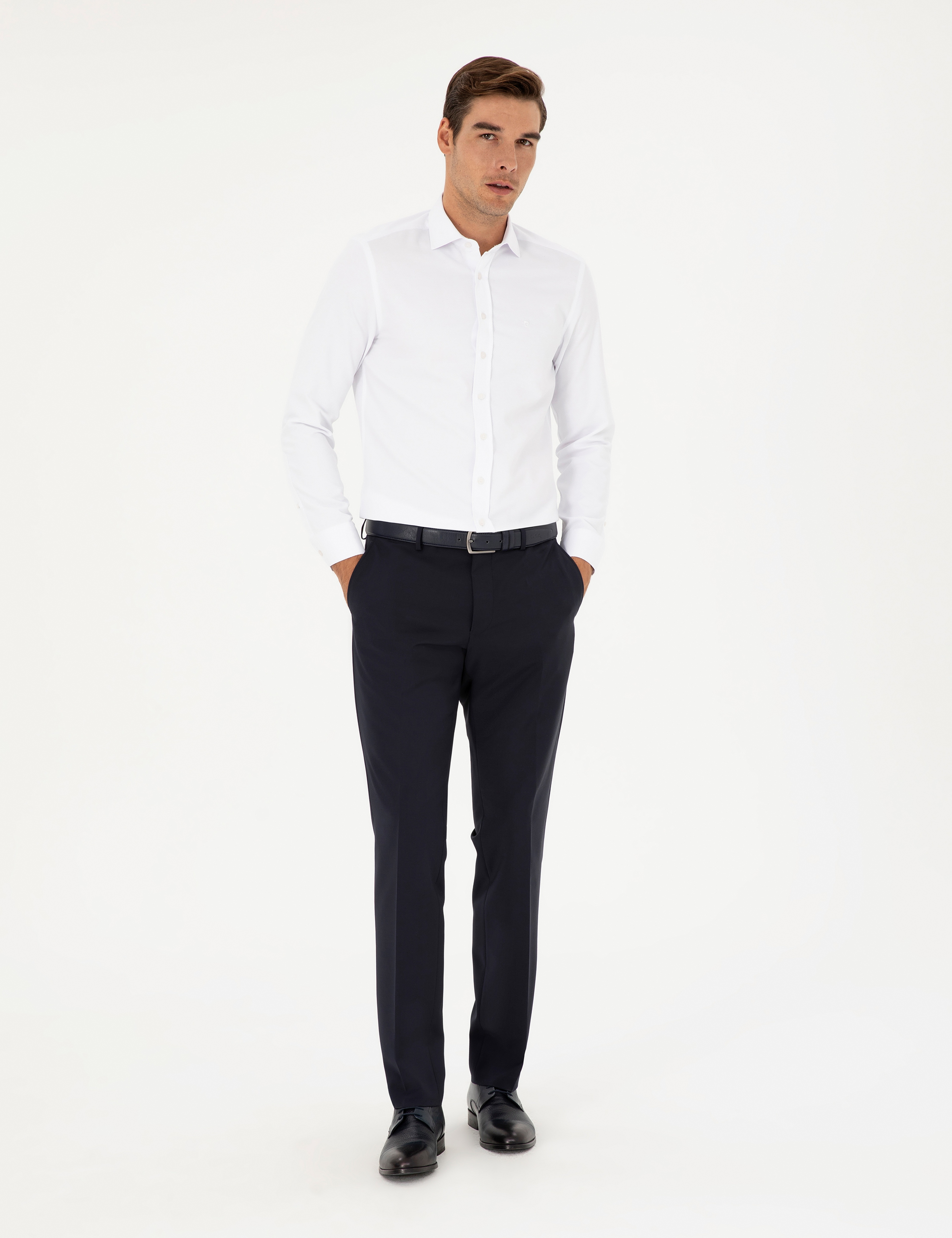 Beyaz Slim Fit Armürlü Uzun Kollu Gömlek - Image 4