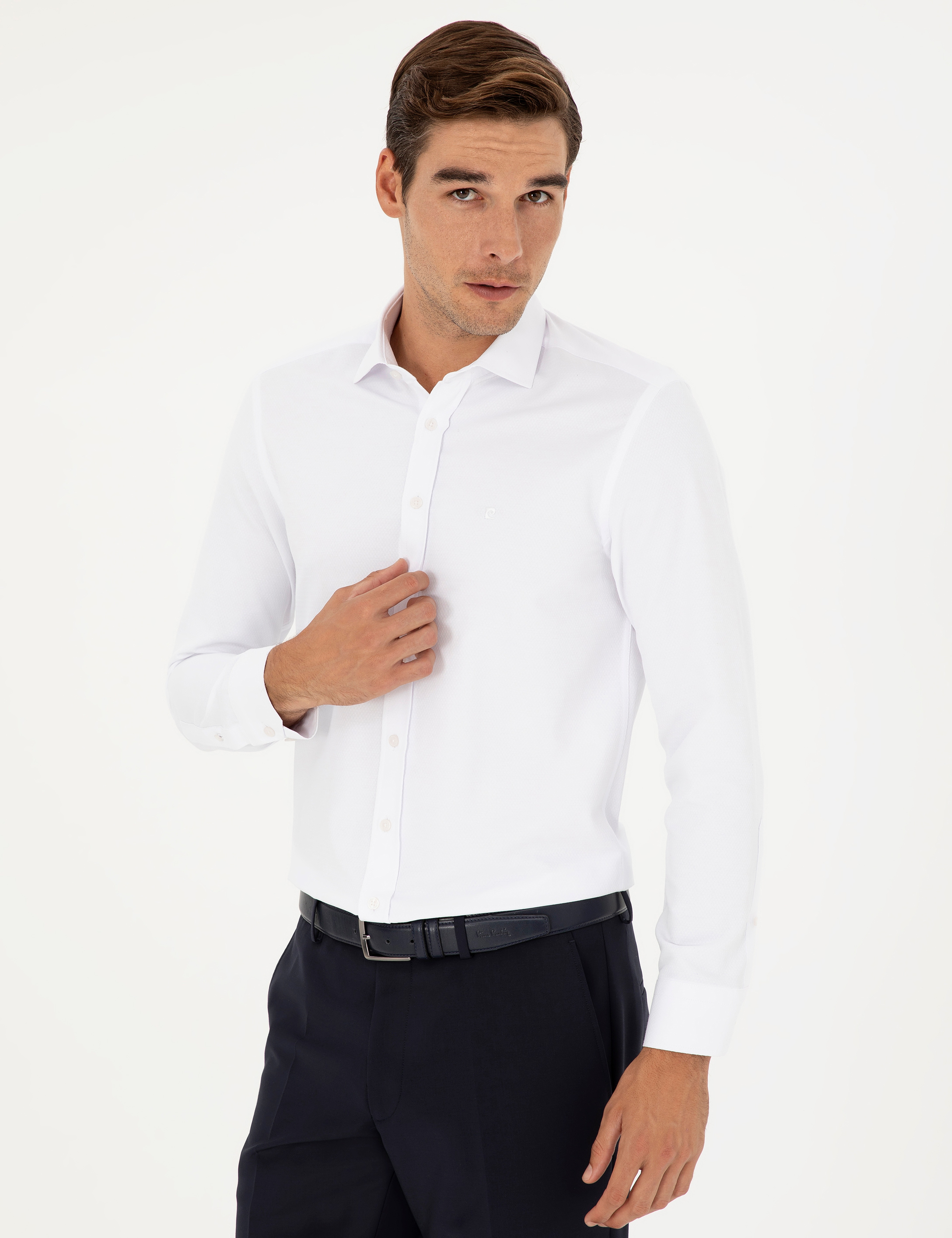 Beyaz Slim Fit Armürlü Uzun Kollu Gömlek - Image 3
