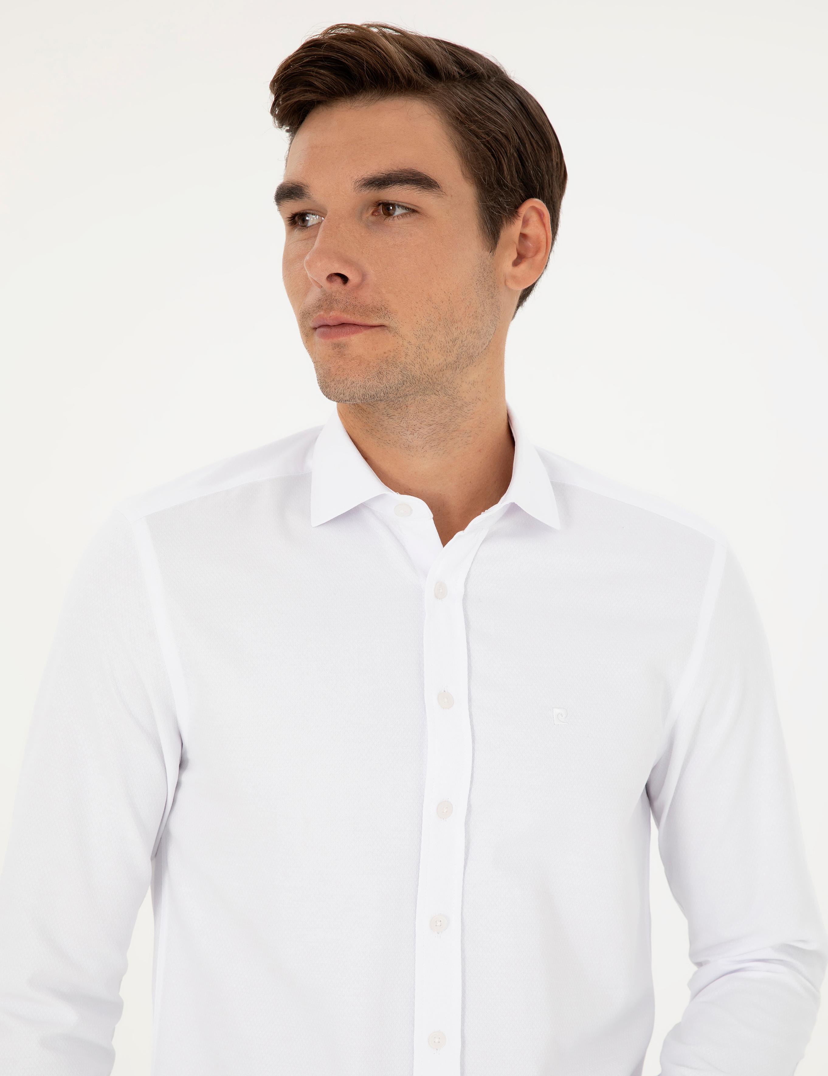 Beyaz Slim Fit Armürlü Uzun Kollu Gömlek