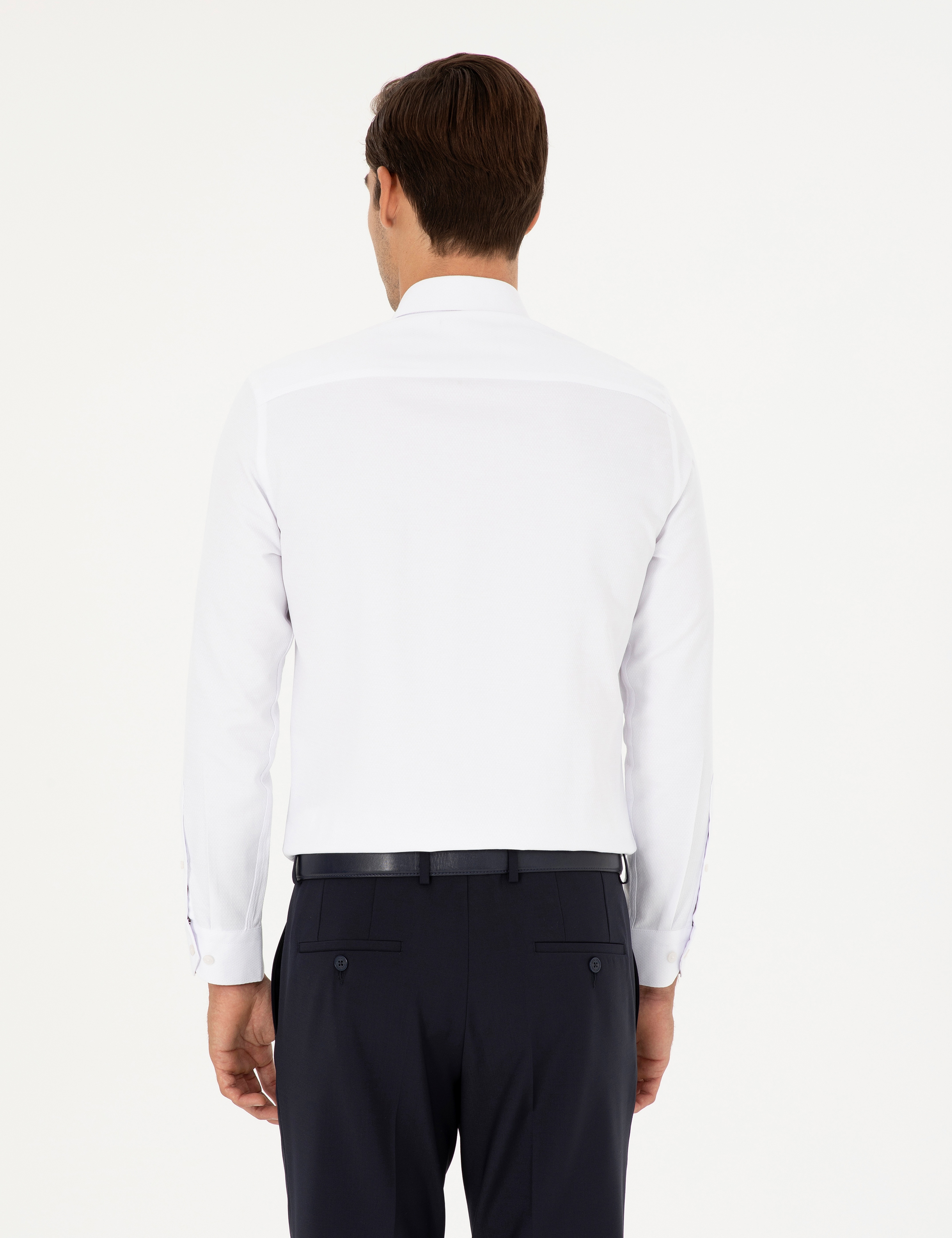 Beyaz Slim Fit Armürlü Uzun Kollu Gömlek