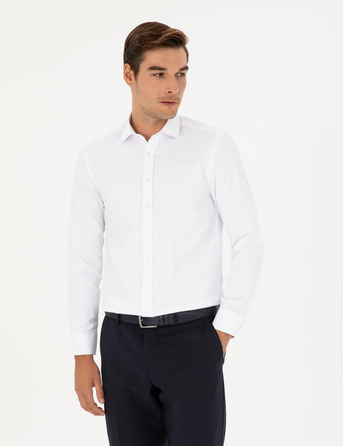 Beyaz Slim Fit Armürlü Uzun Kollu Gömlek