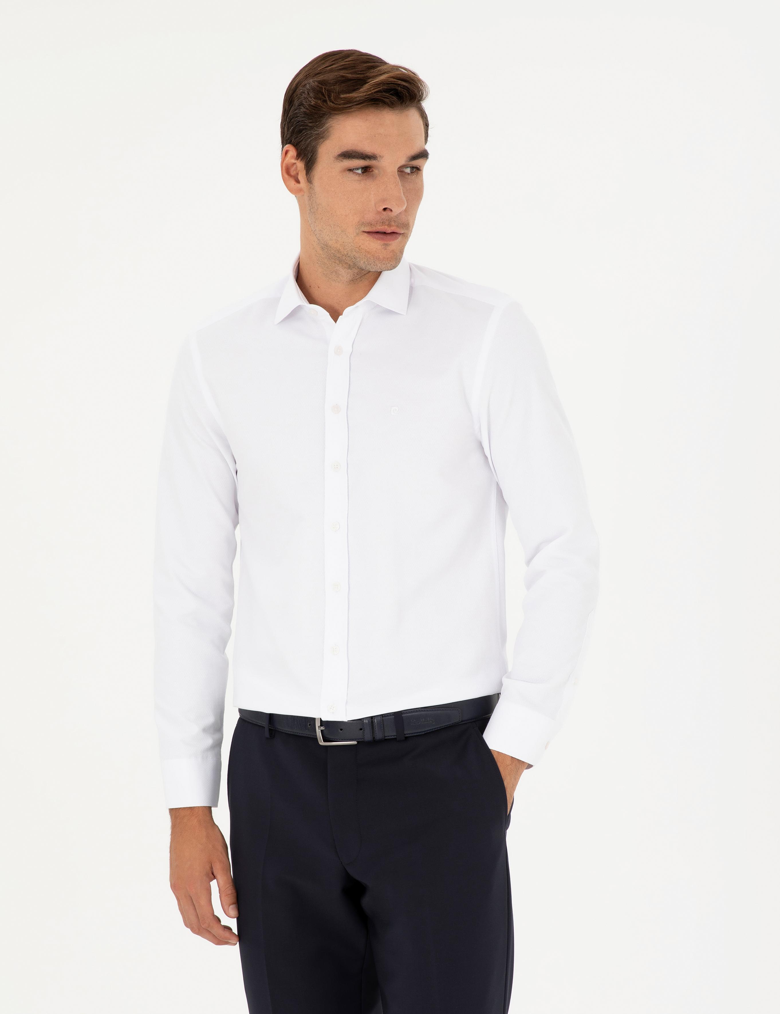 Beyaz Slim Fit Armürlü Uzun Kollu Gömlek