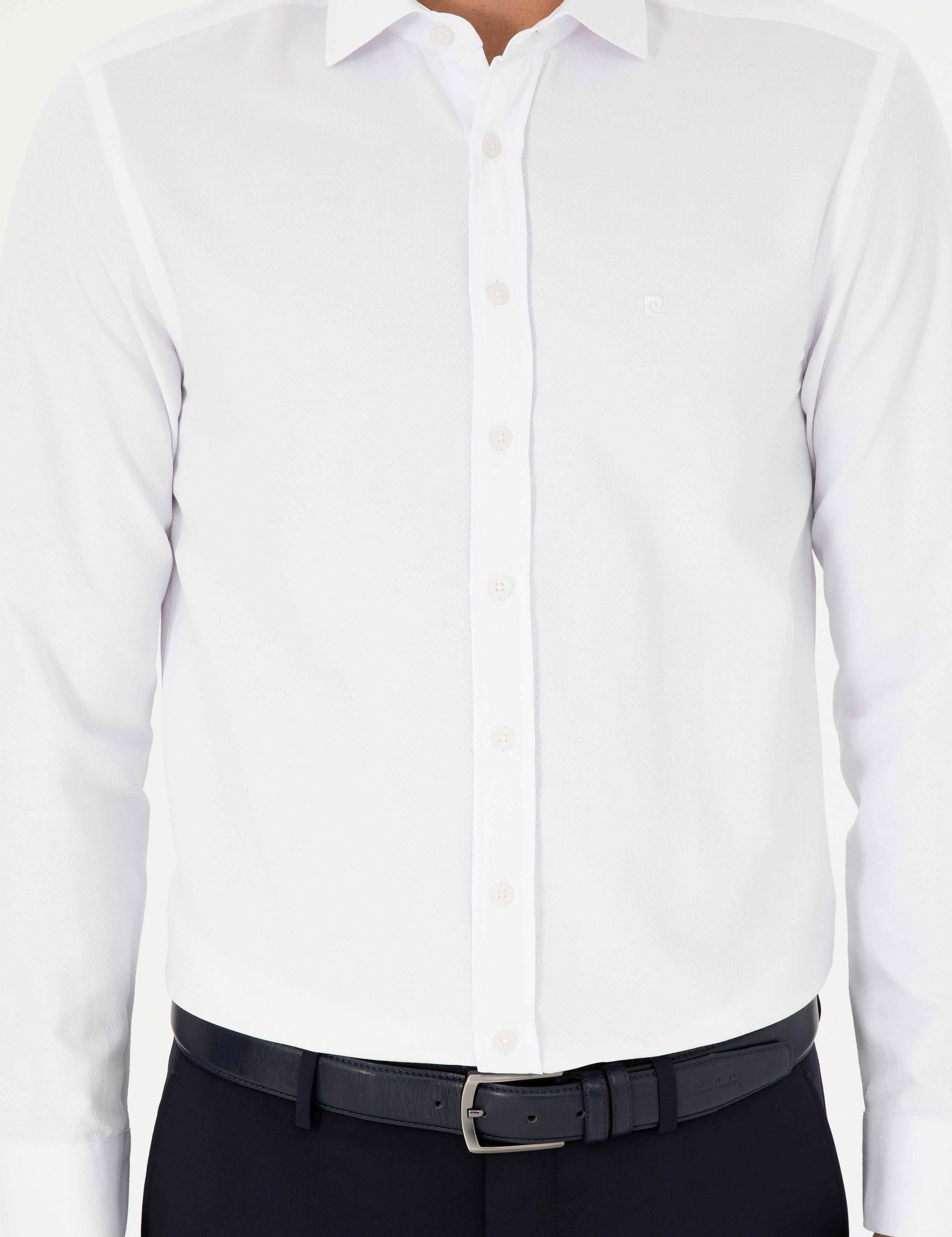 Beyaz Slim Fit Armürlü Uzun Kollu Gömlek