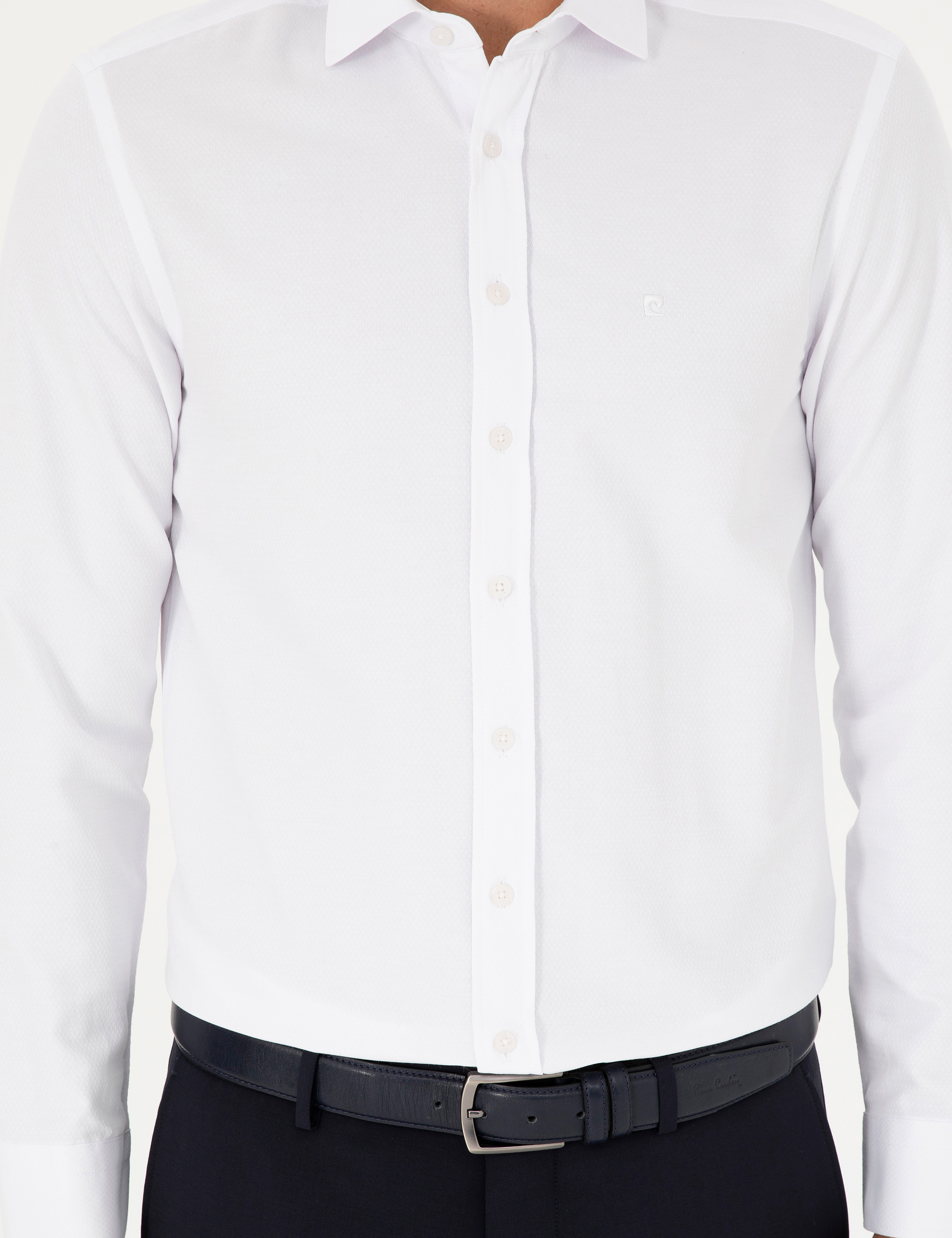 Beyaz Slim Fit Armürlü Uzun Kollu Gömlek - Image 6