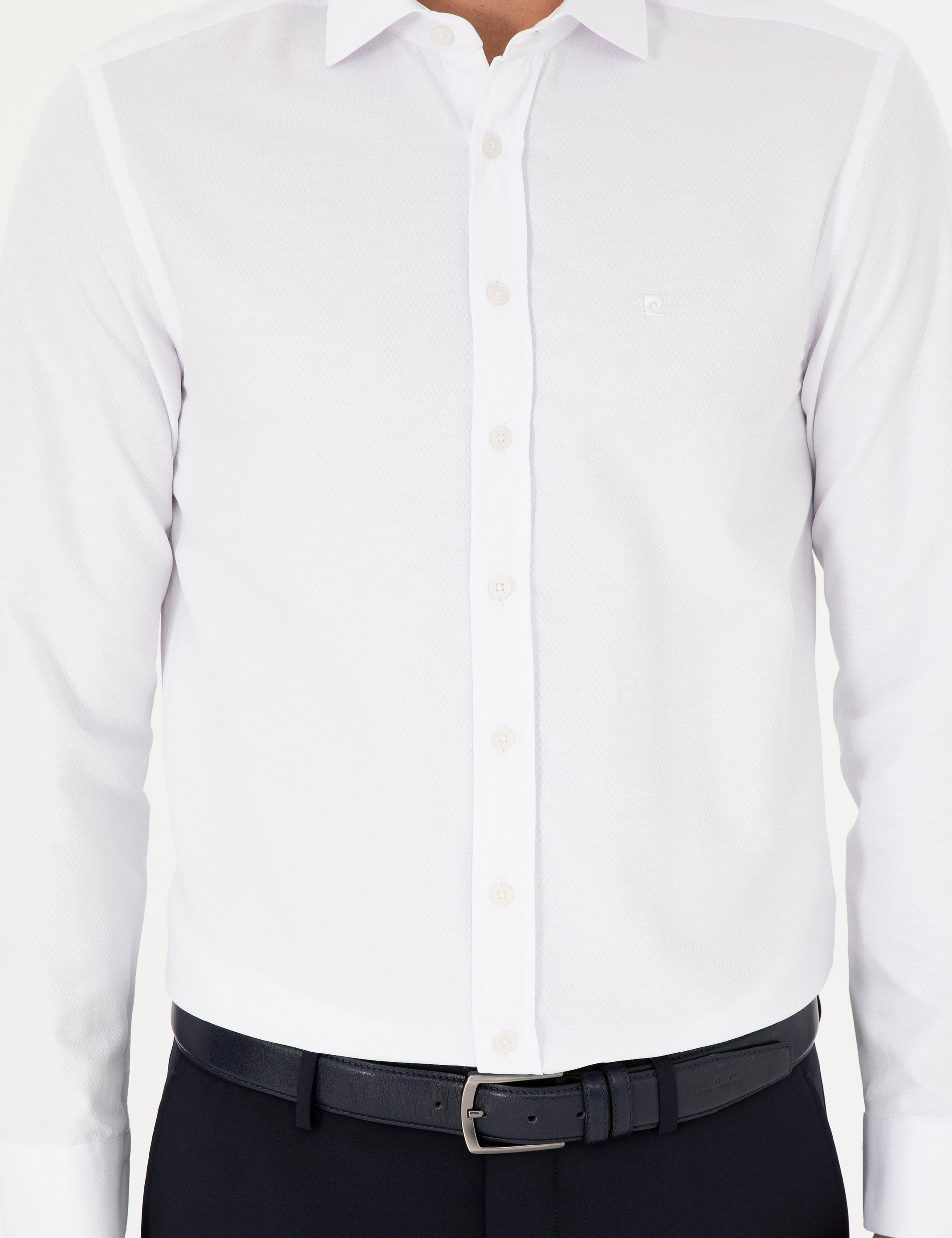 Beyaz Slim Fit Armürlü Uzun Kollu Gömlek