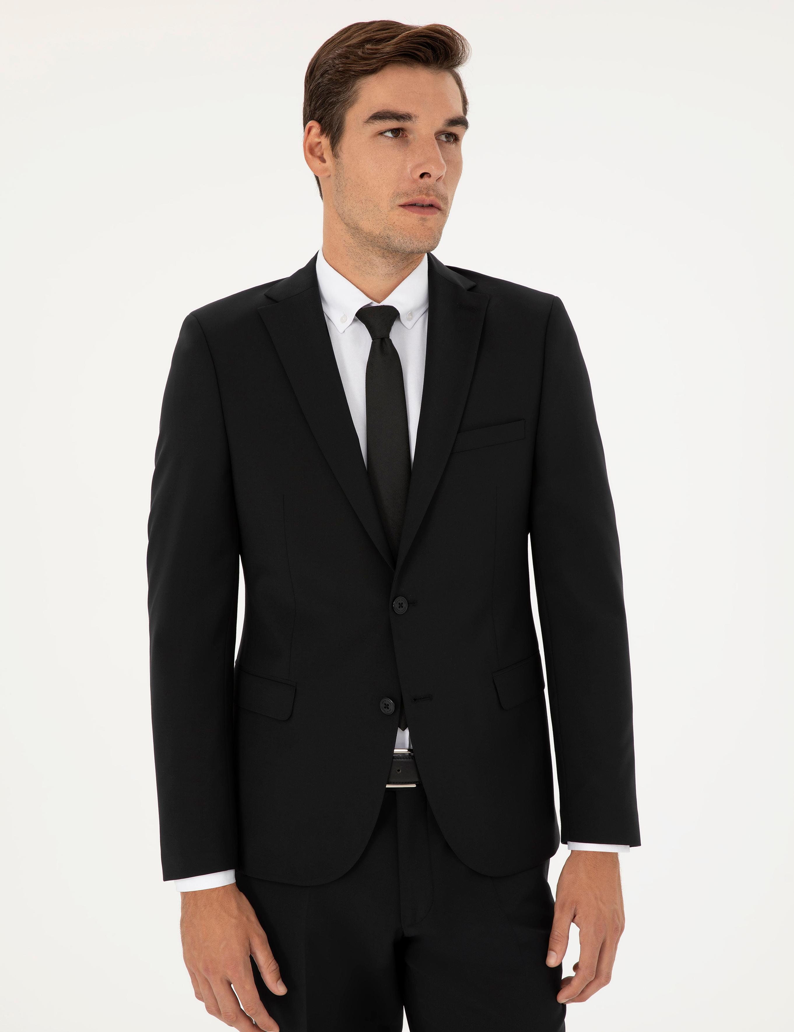 Siyah Slim Fit Yünlü Takım Elbise