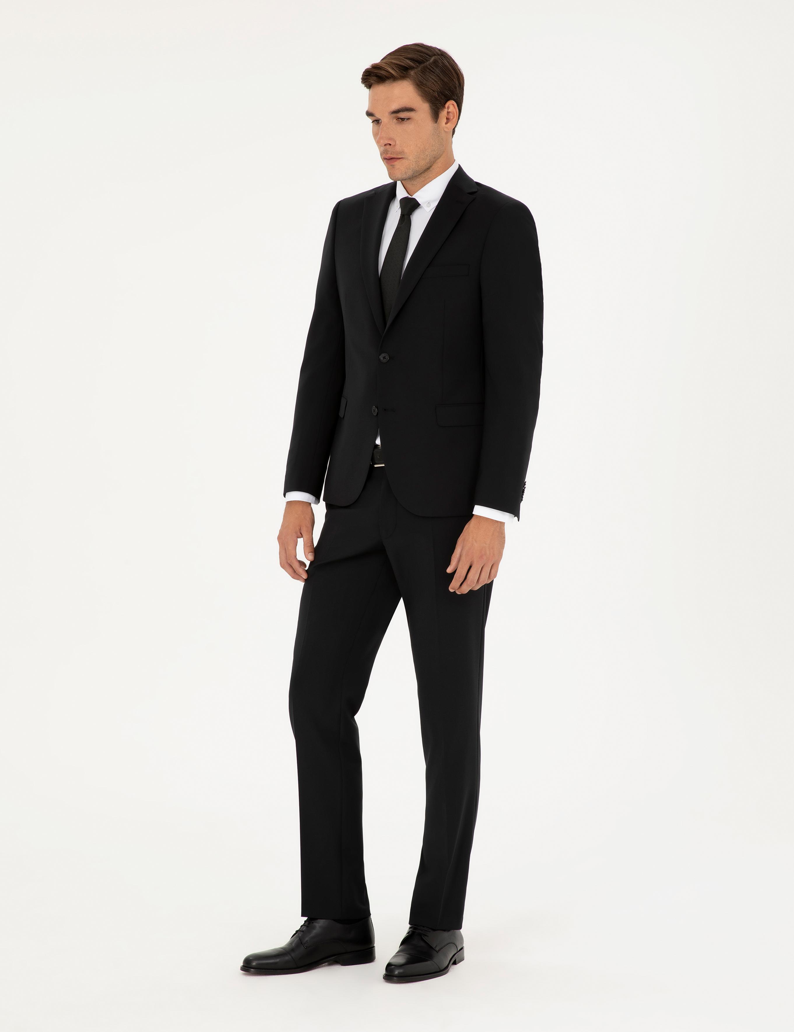 Siyah Slim Fit Yünlü Takım Elbise