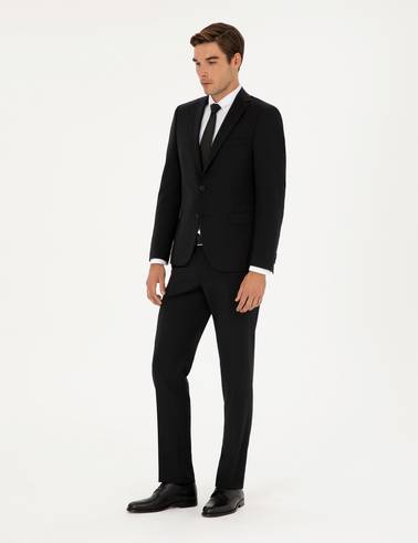 Siyah Slim Fit Yünlü Takım Elbise