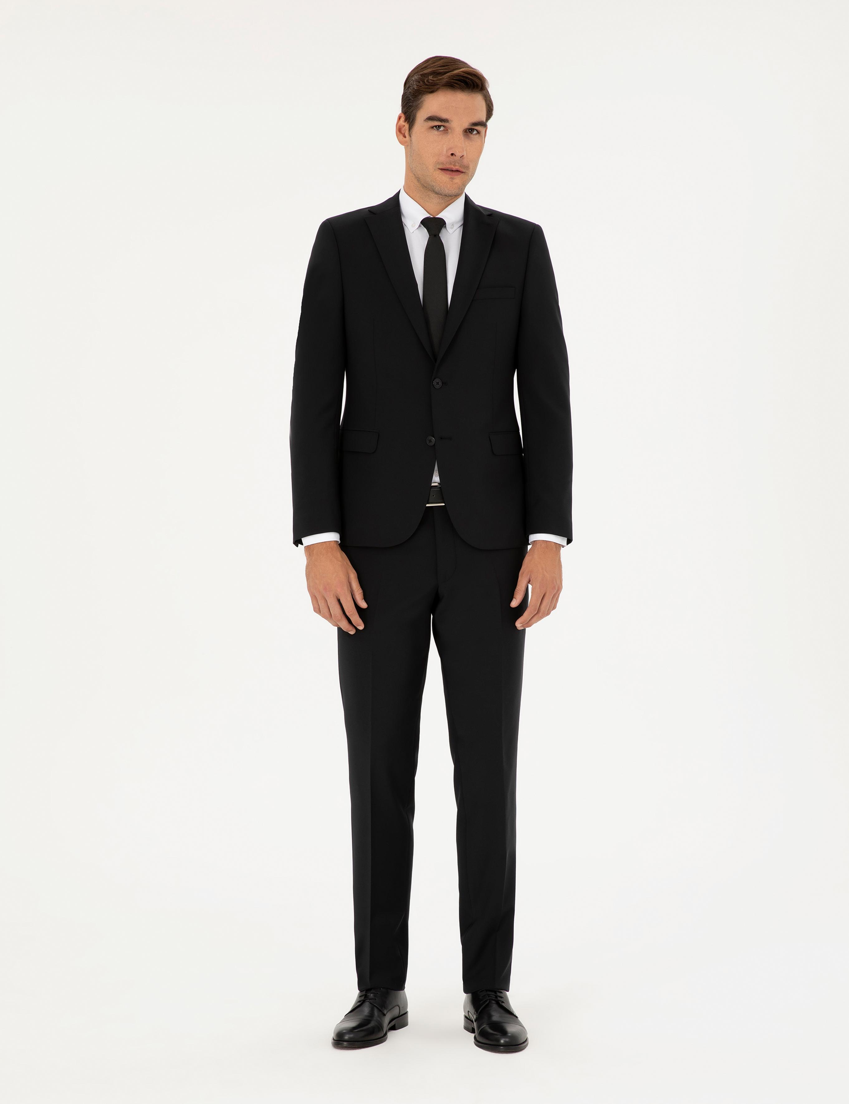 Siyah Slim Fit Yünlü Takım Elbise