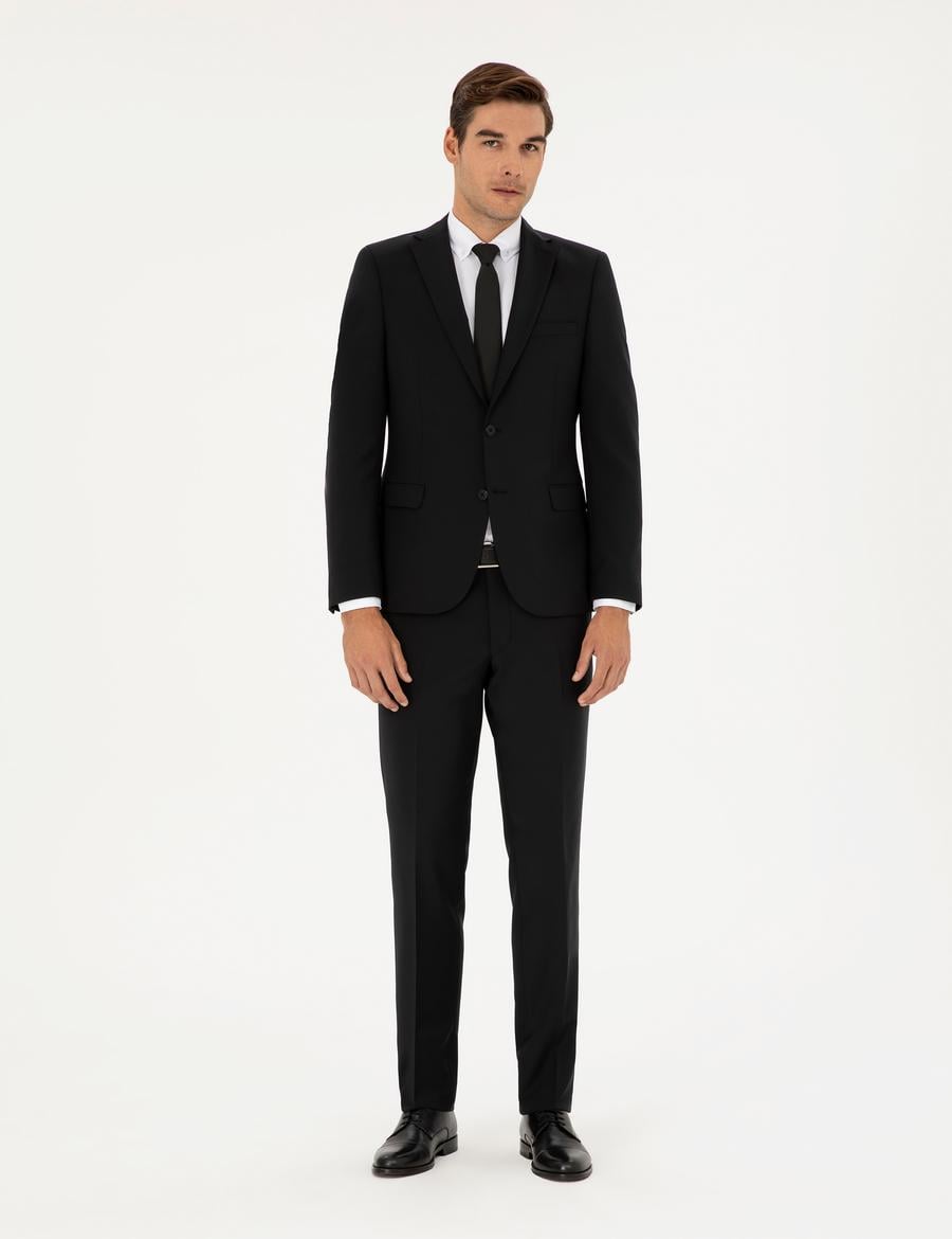 Siyah Slim Fit Yünlü Takım Elbise