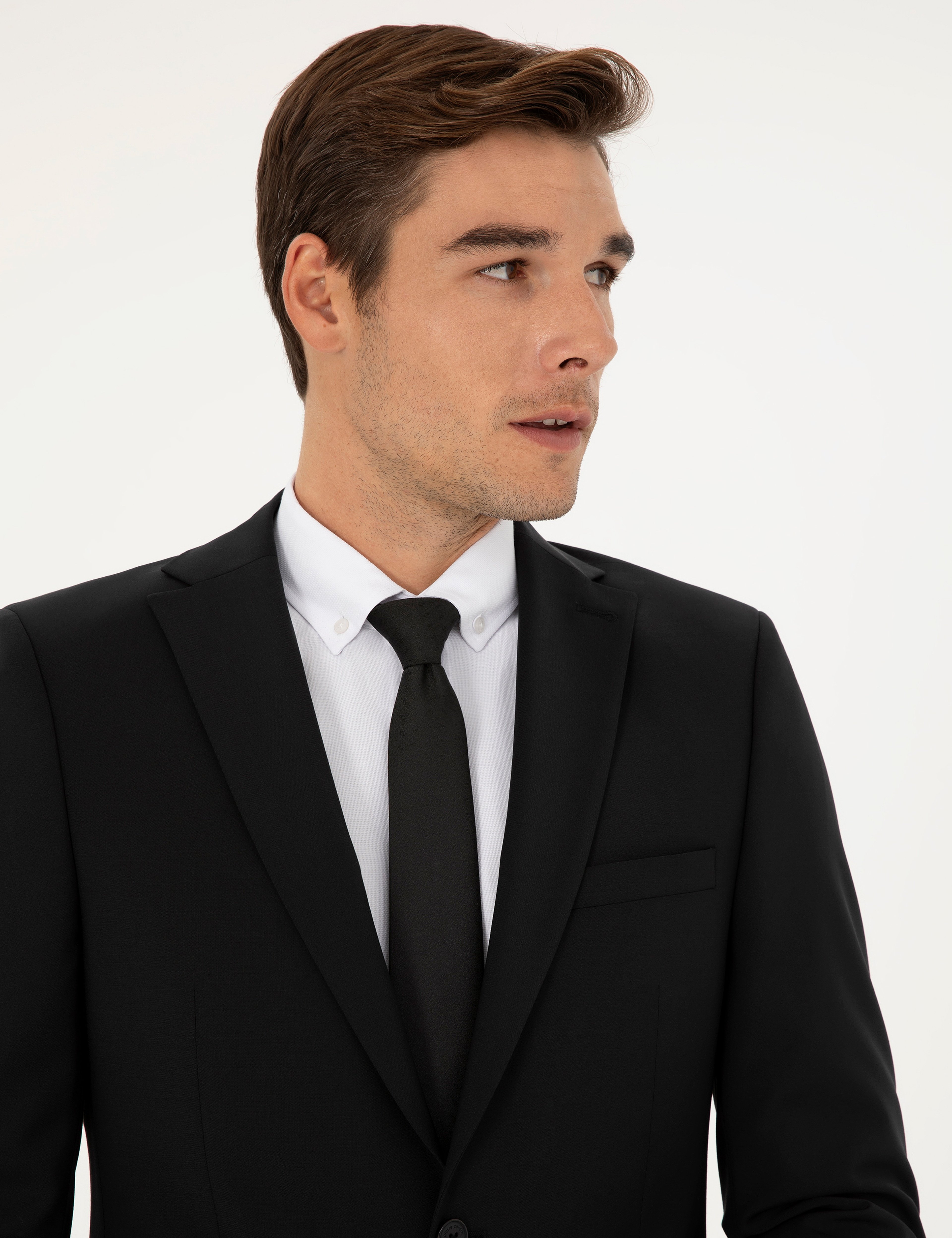 Siyah Slim Fit Yünlü Takım Elbise