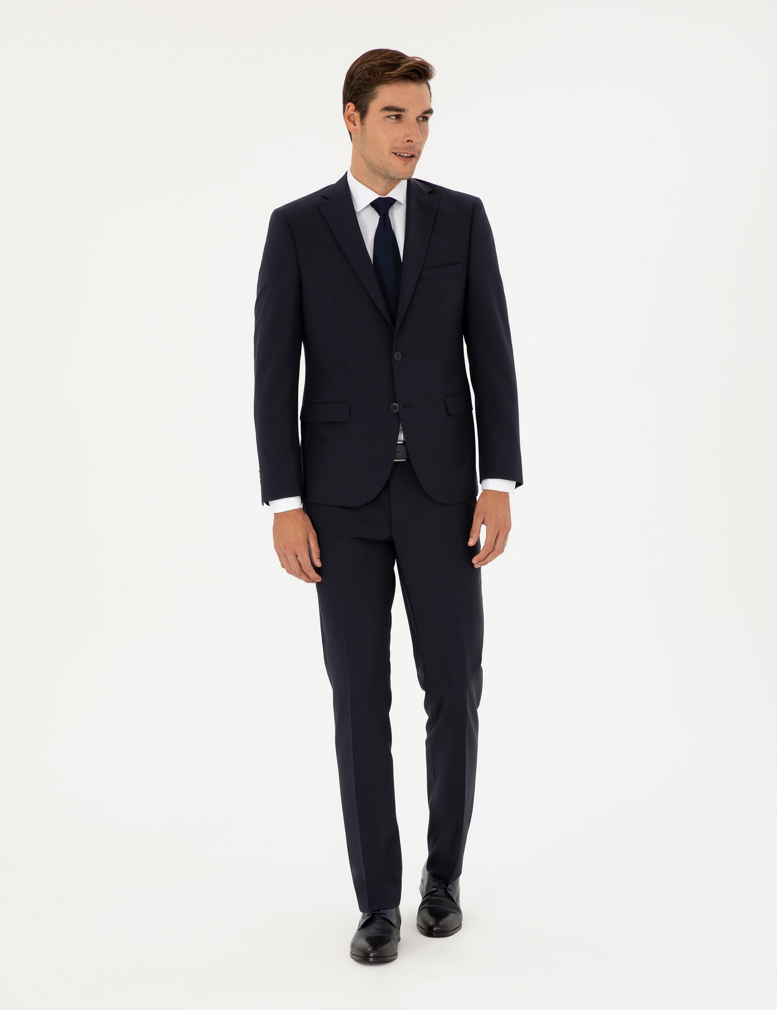 Lacivert Slim Fit Yünlü Takım Elbise