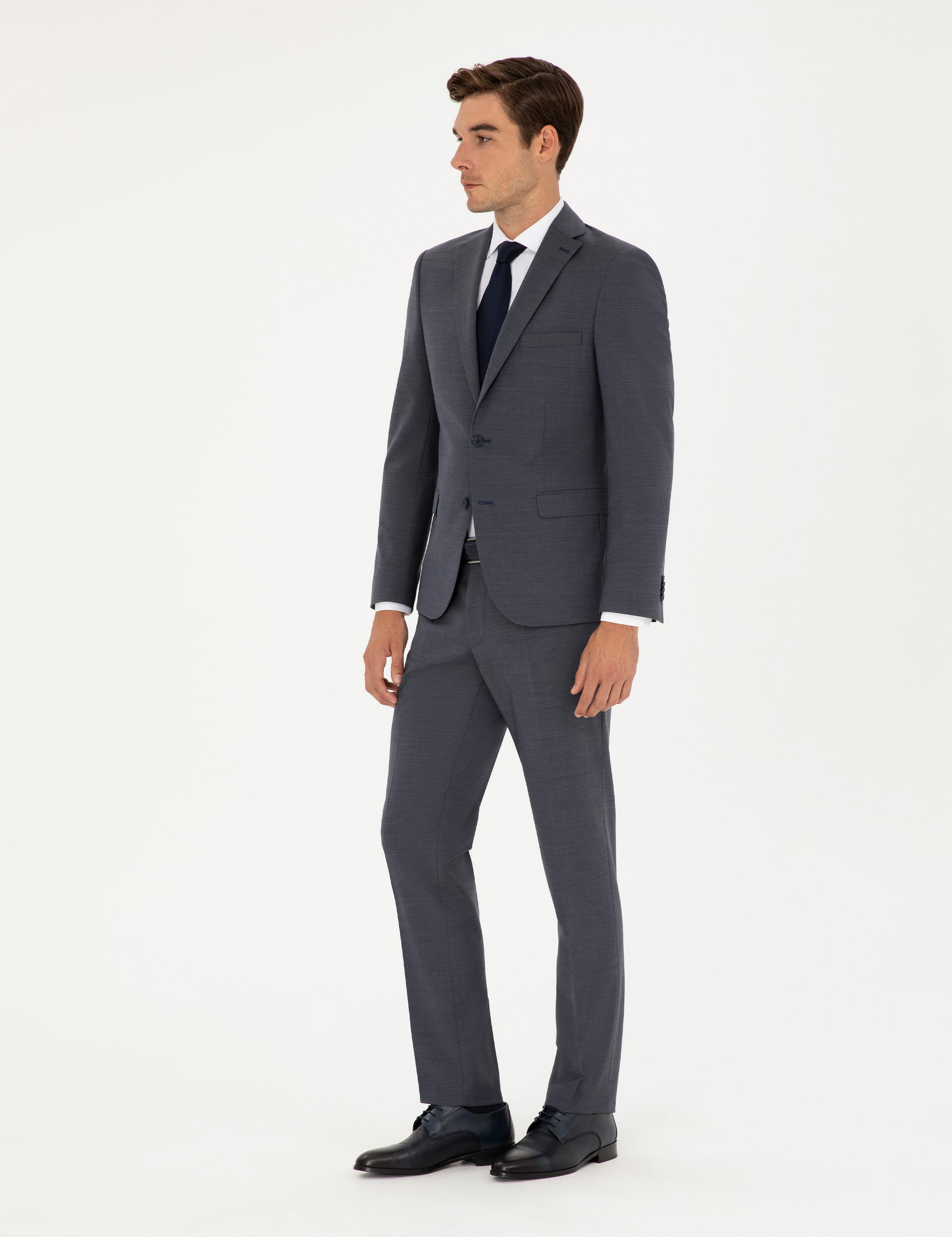 Koyu Mavi Slim Fit Yünlü Takım Elbise