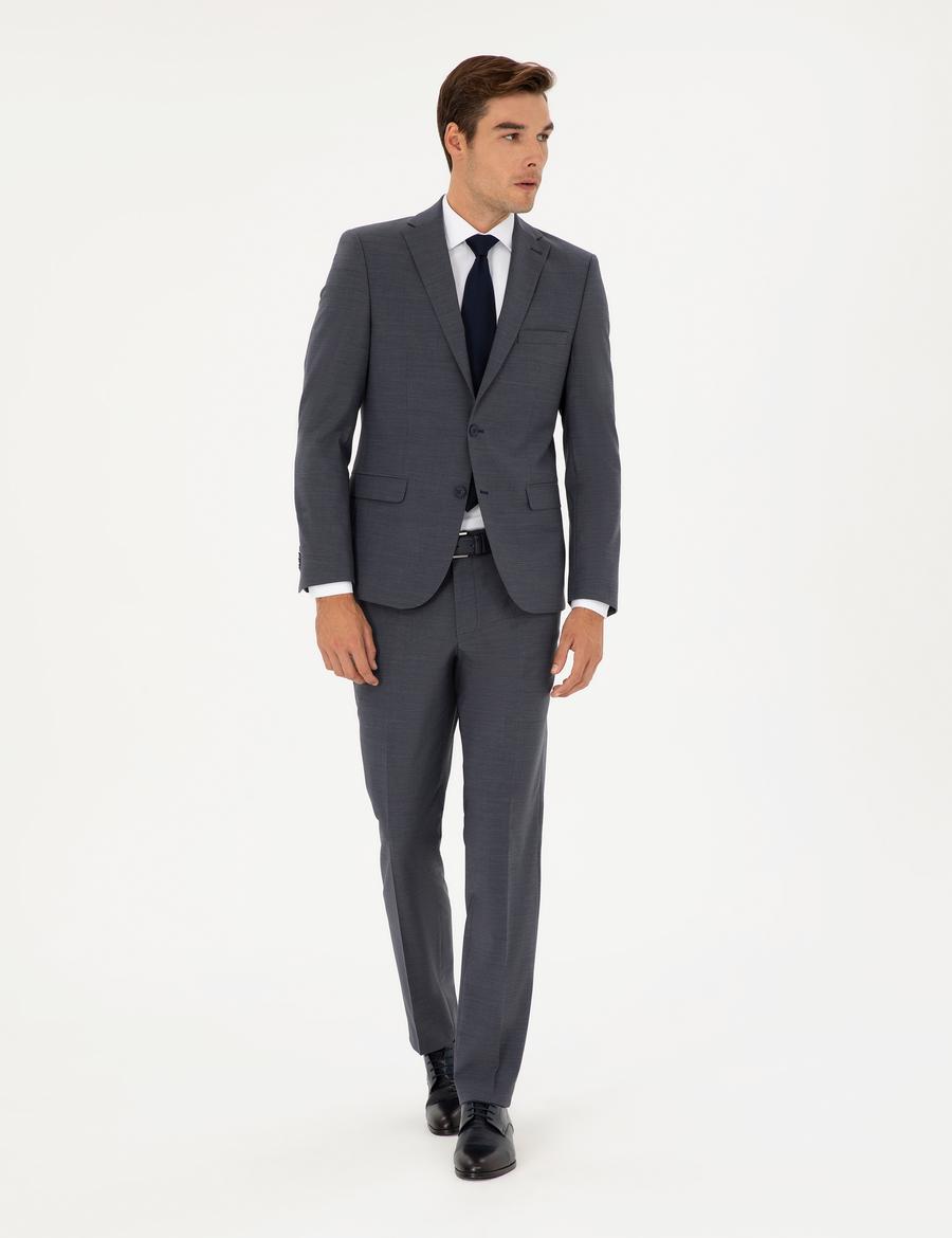 Koyu Mavi Slim Fit Yünlü Takım Elbise