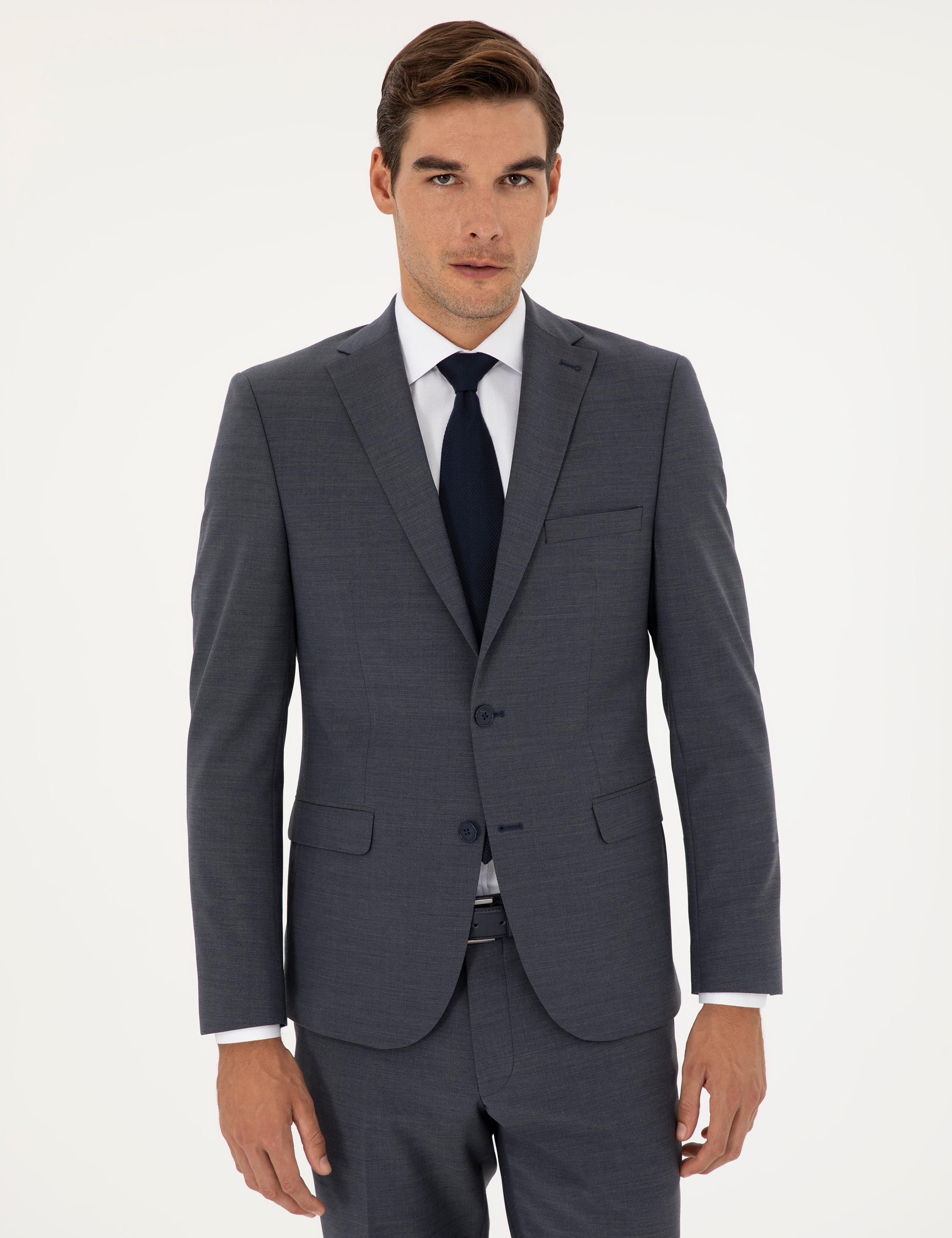 Koyu Mavi Slim Fit Yünlü Takım Elbise