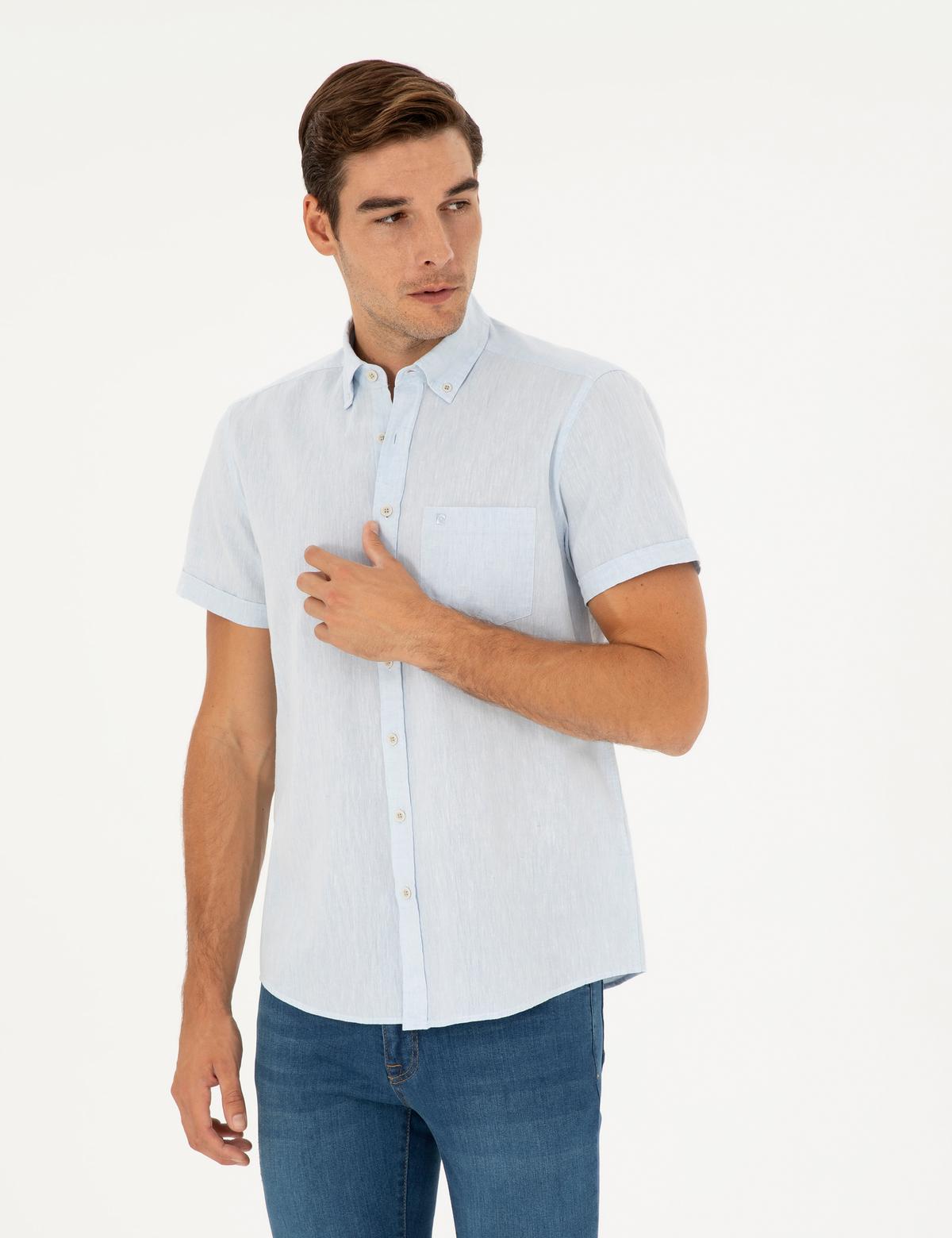 Açık Mavi Keten Karışımlı Regular Fit Kısa Kollu Gömlek