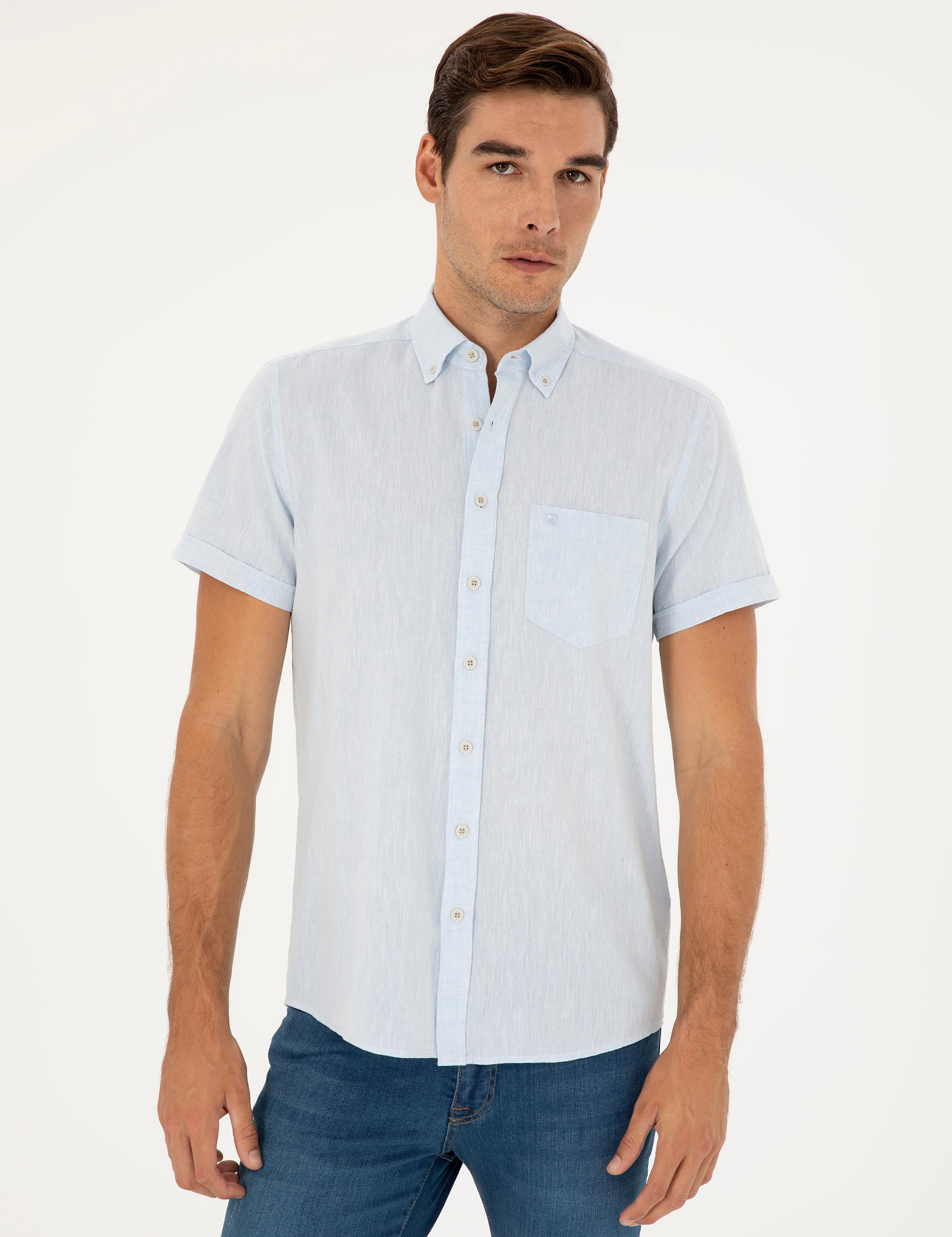 Açık Mavi Keten Karışımlı Regular Fit Kısa Kollu Gömlek
