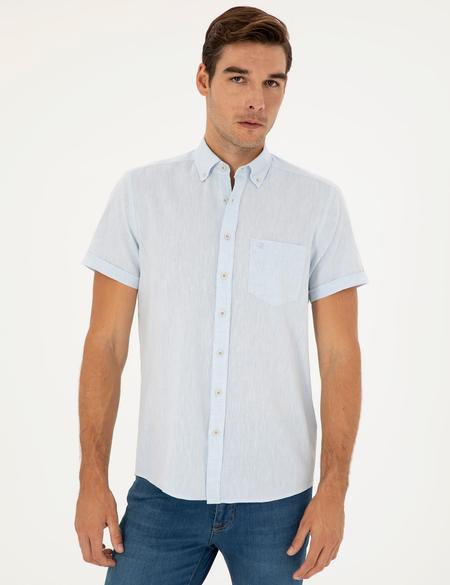 Açık Mavi Keten Karışımlı Regular Fit Kısa Kollu Gömlek - 50284166110