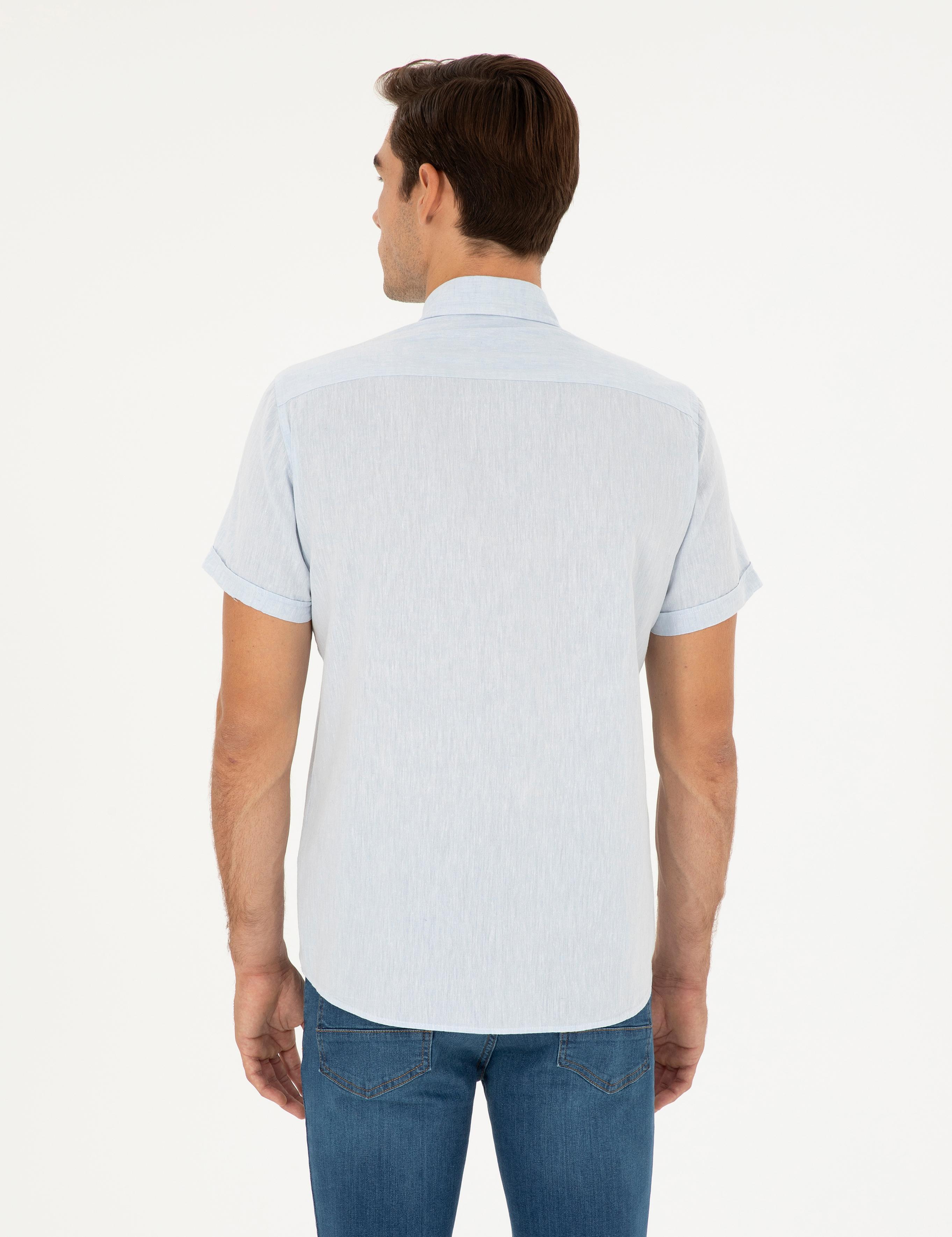 Açık Mavi Keten Karışımlı Regular Fit Kısa Kollu Gömlek