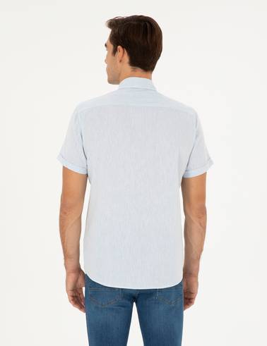 Açık Mavi Keten Karışımlı Regular Fit Kısa Kollu Gömlek