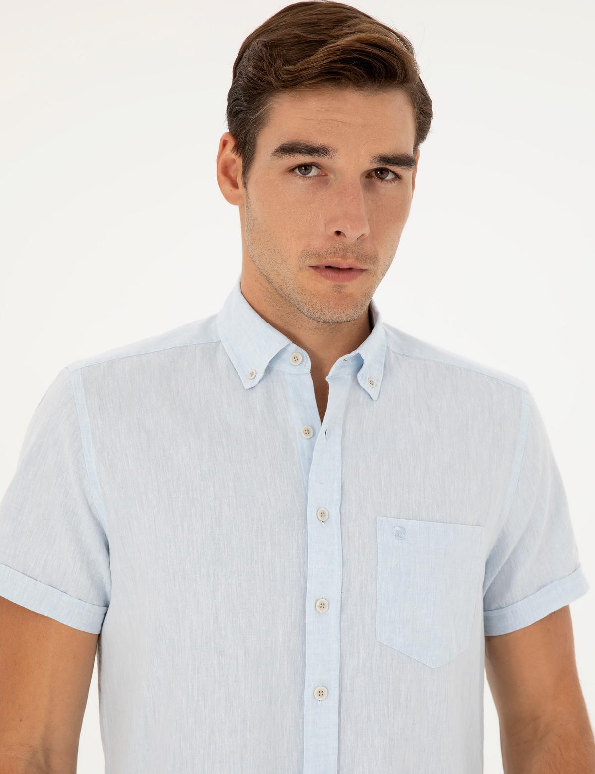 Açık Mavi Keten Karışımlı Regular Fit Kısa Kollu Gömlek - 50284166110