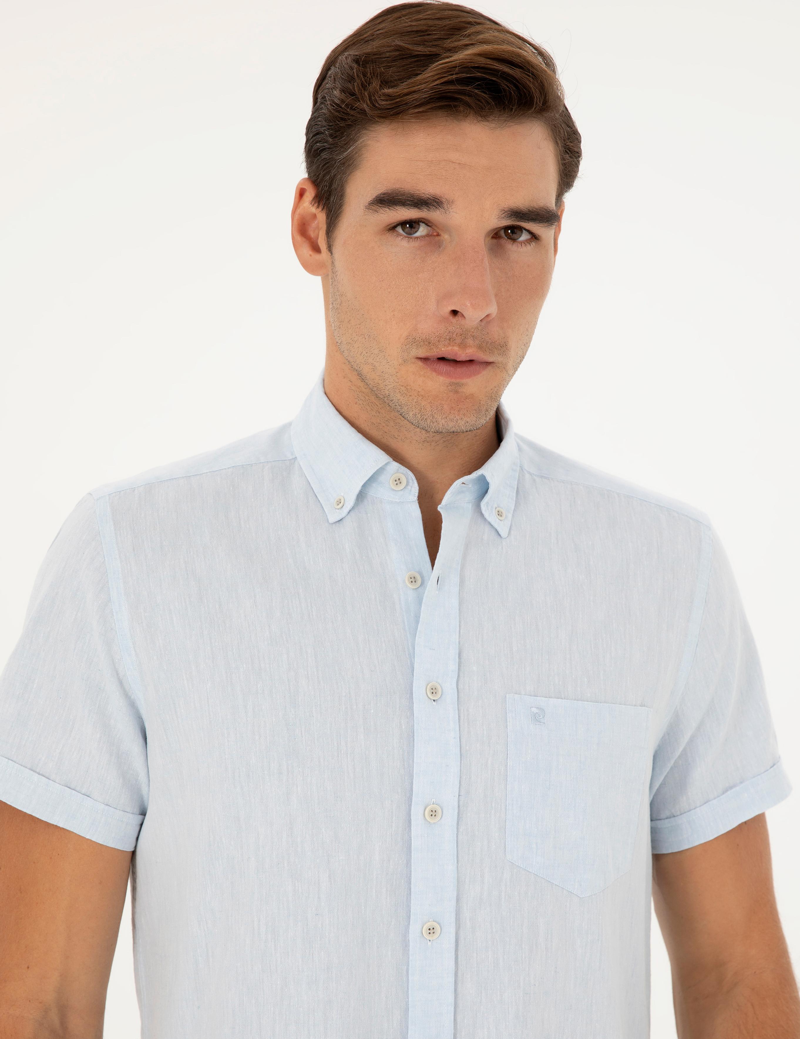 Açık Mavi Keten Karışımlı Regular Fit Kısa Kollu Gömlek