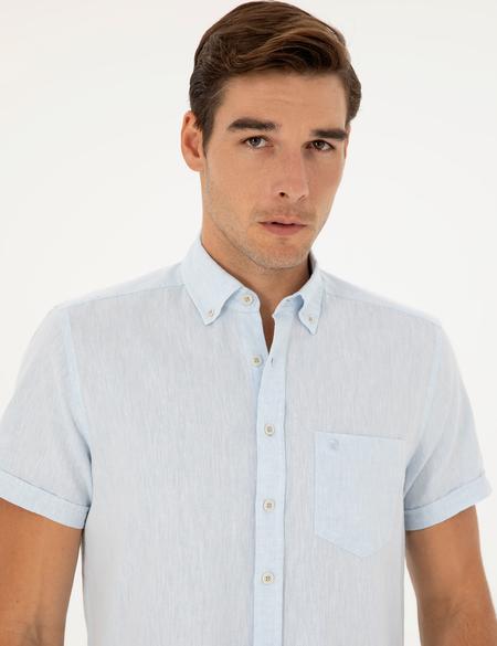 Açık Mavi Keten Karışımlı Regular Fit Kısa Kollu Gömlek - 50284166110