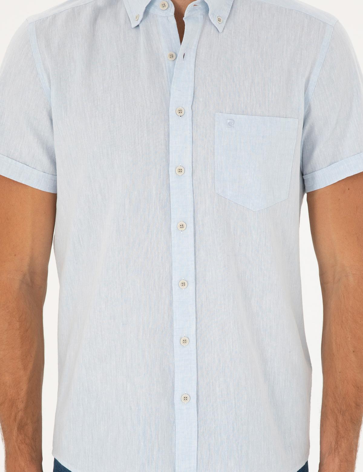 Açık Mavi Keten Karışımlı Regular Fit Kısa Kollu Gömlek - 50284166110