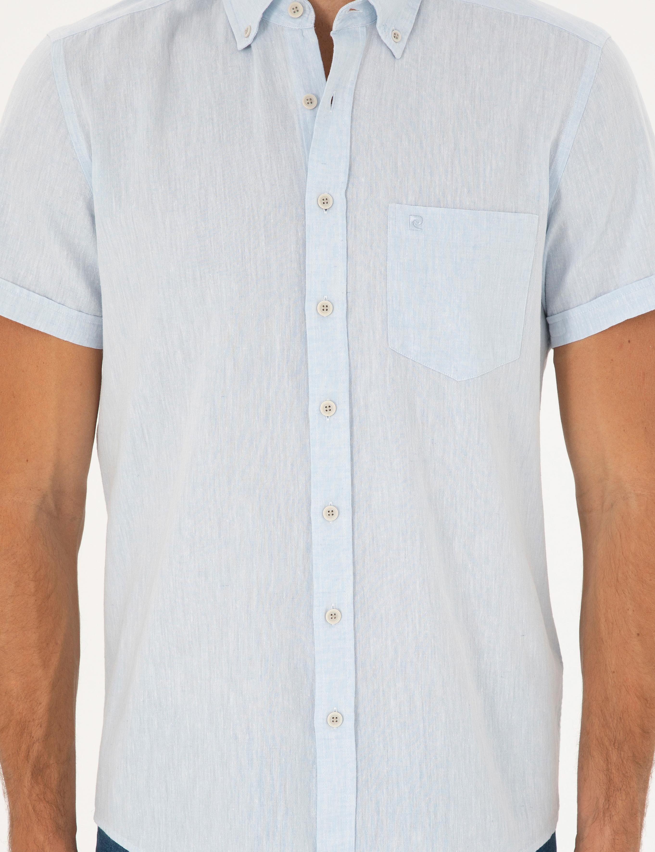 Açık Mavi Keten Karışımlı Regular Fit Kısa Kollu Gömlek