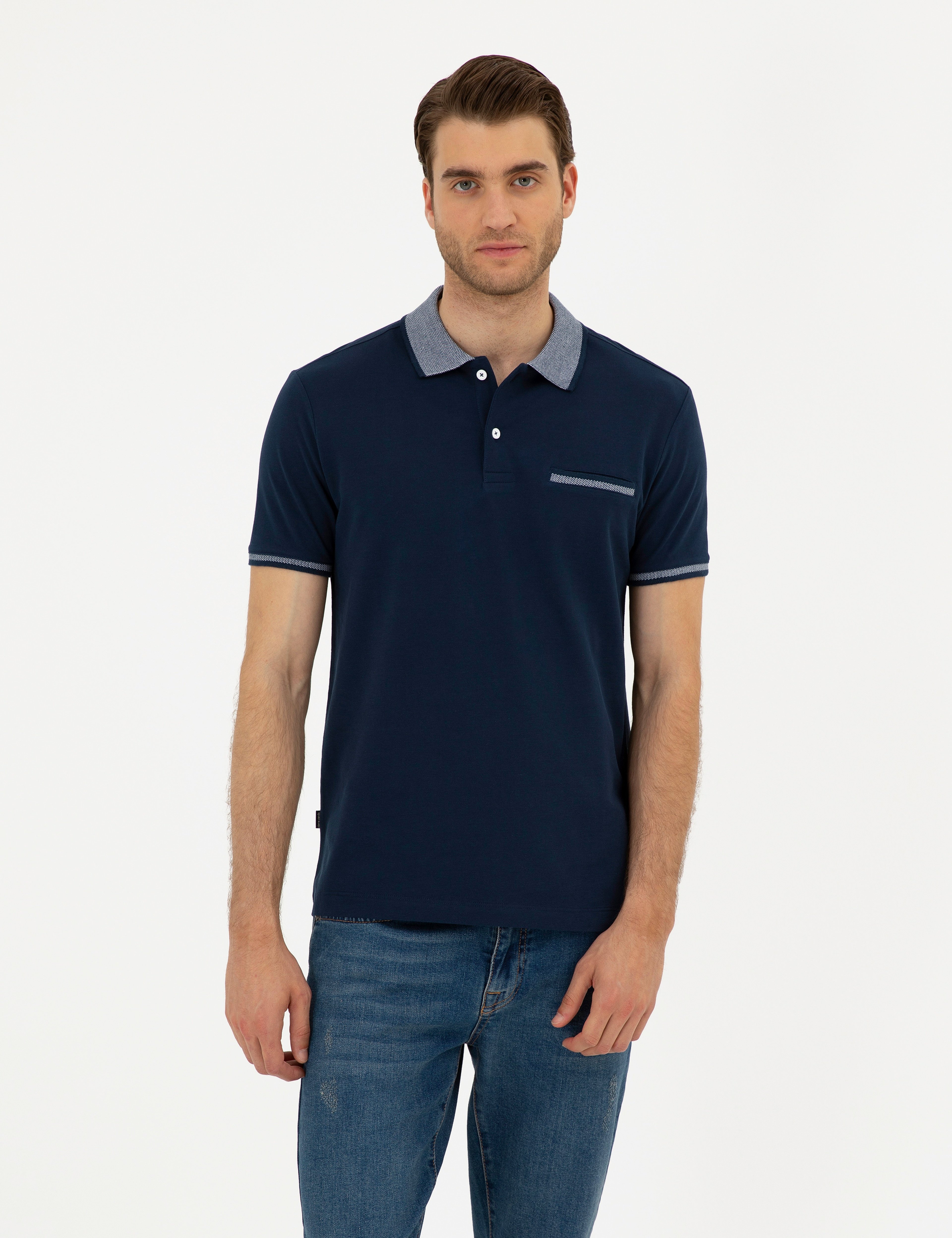 Lacivert Slim Fit %100 Pamuk Düğmeli Polo Yaka Tişört - Image 1