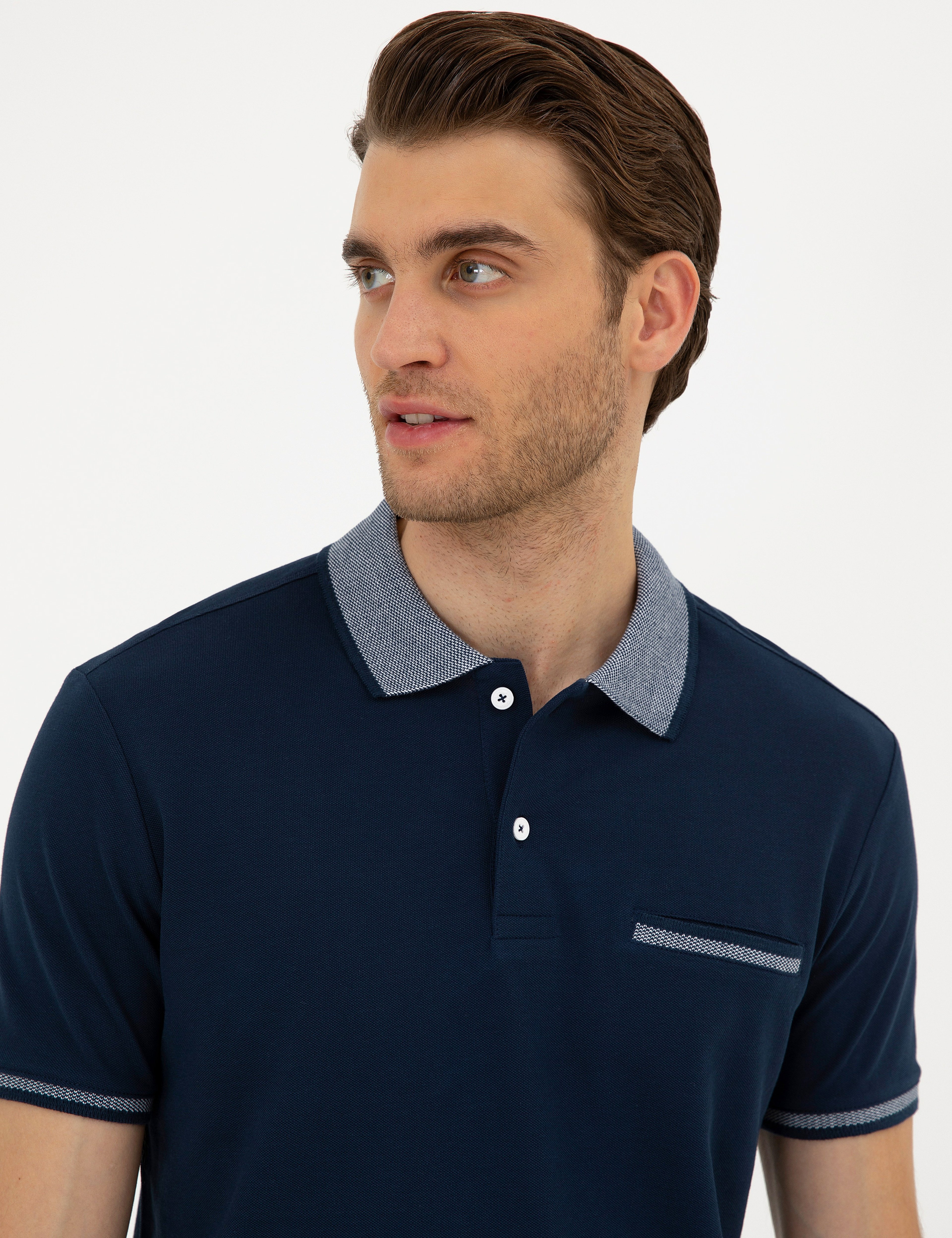 Lacivert Slim Fit %100 Pamuk Düğmeli Polo Yaka Tişört