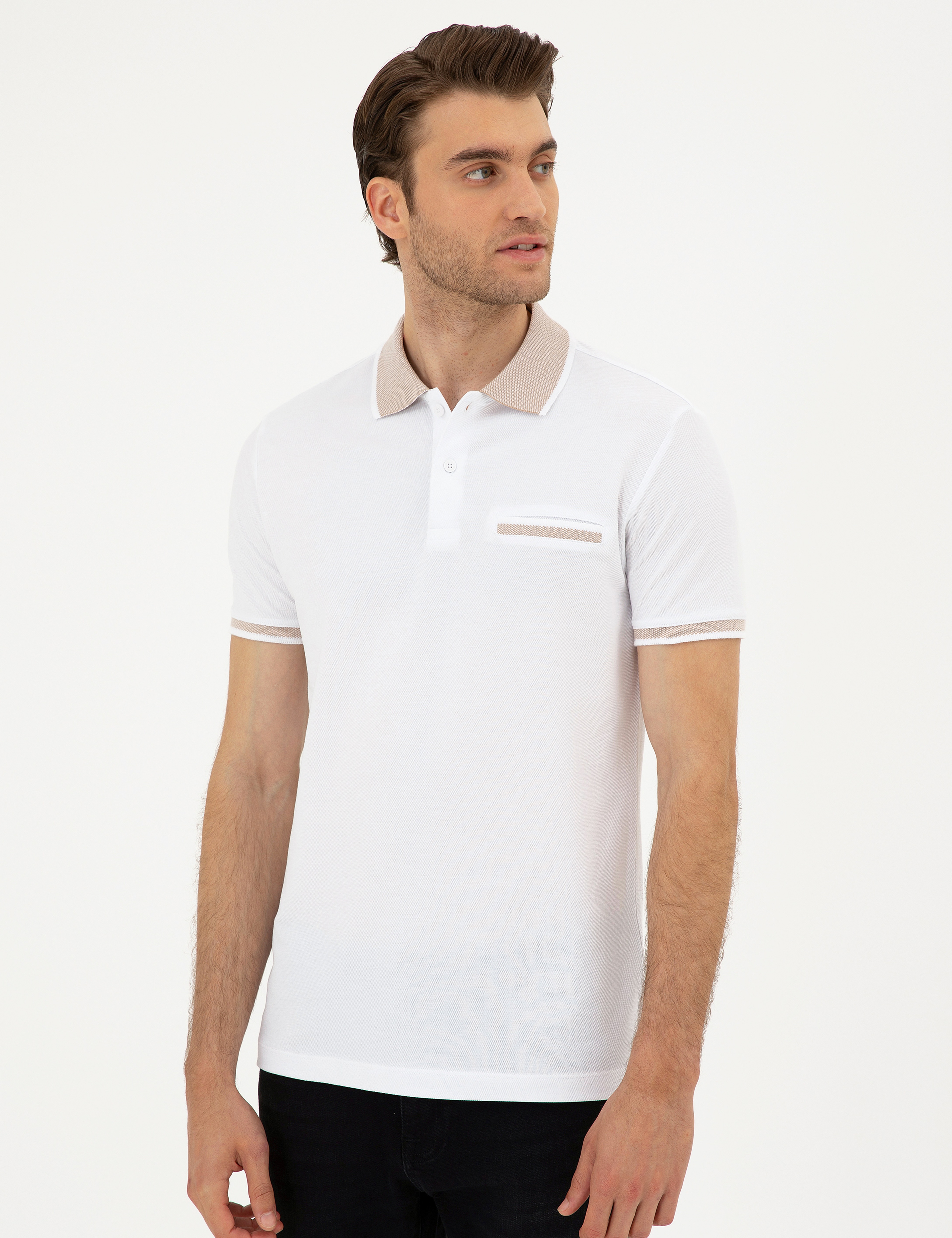 Beyaz Slim Fit %100 Pamuk Düğmeli Polo Yaka Tişört