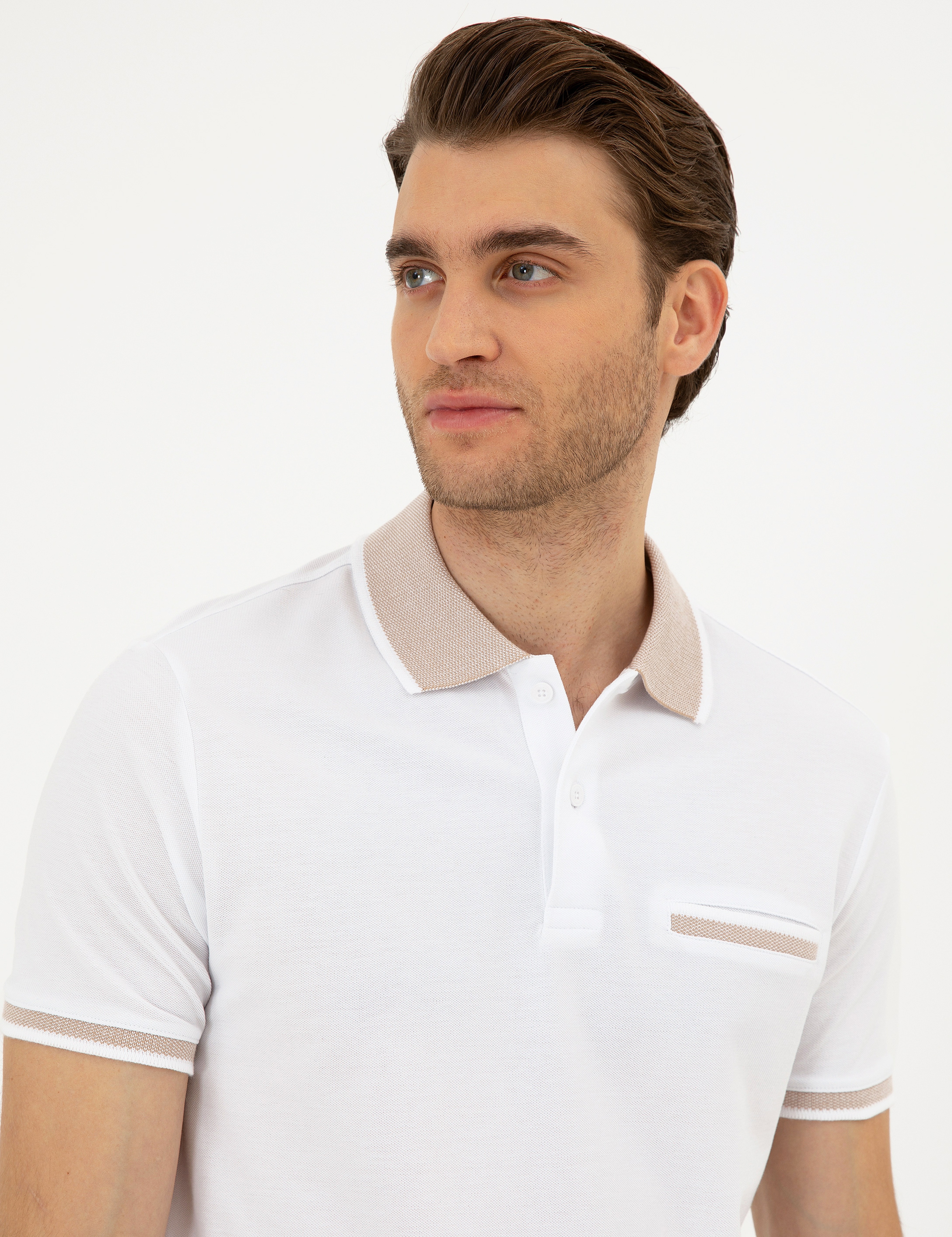 Beyaz Slim Fit %100 Pamuk Düğmeli Polo Yaka Tişört - Image 2