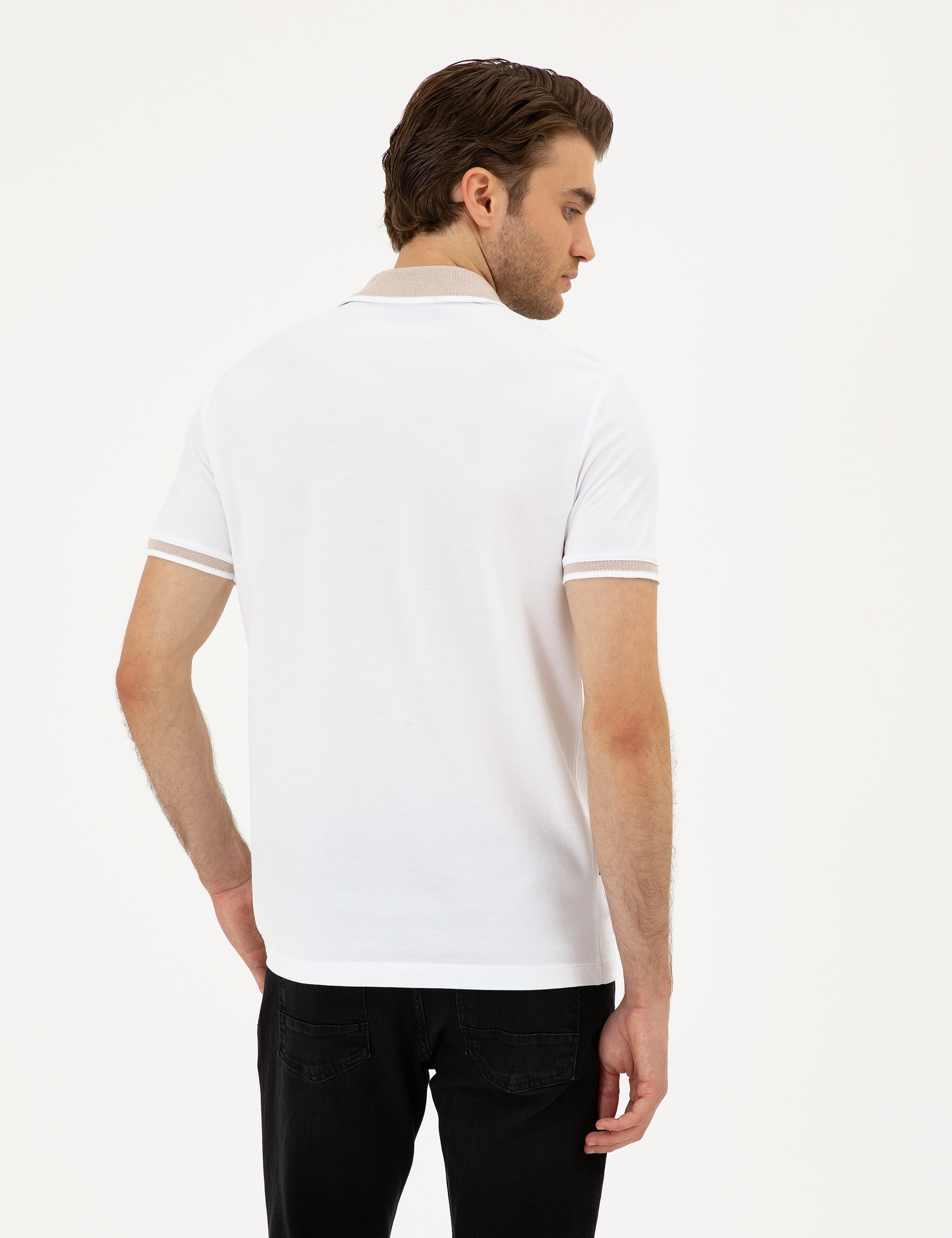 Beyaz Slim Fit %100 Pamuk Düğmeli Polo Yaka Tişört - Image 5