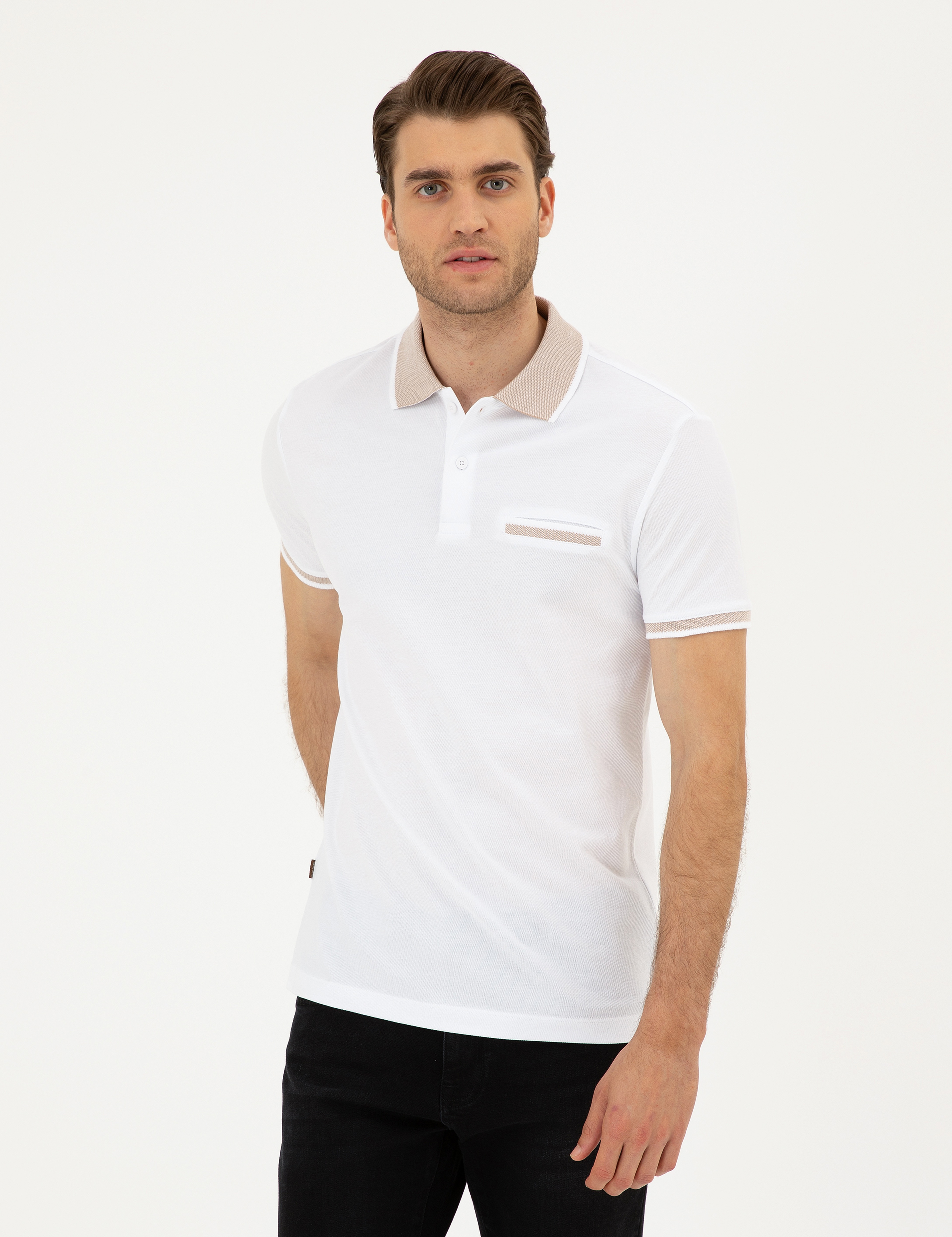 Beyaz Slim Fit %100 Pamuk Düğmeli Polo Yaka Tişört - Image 1