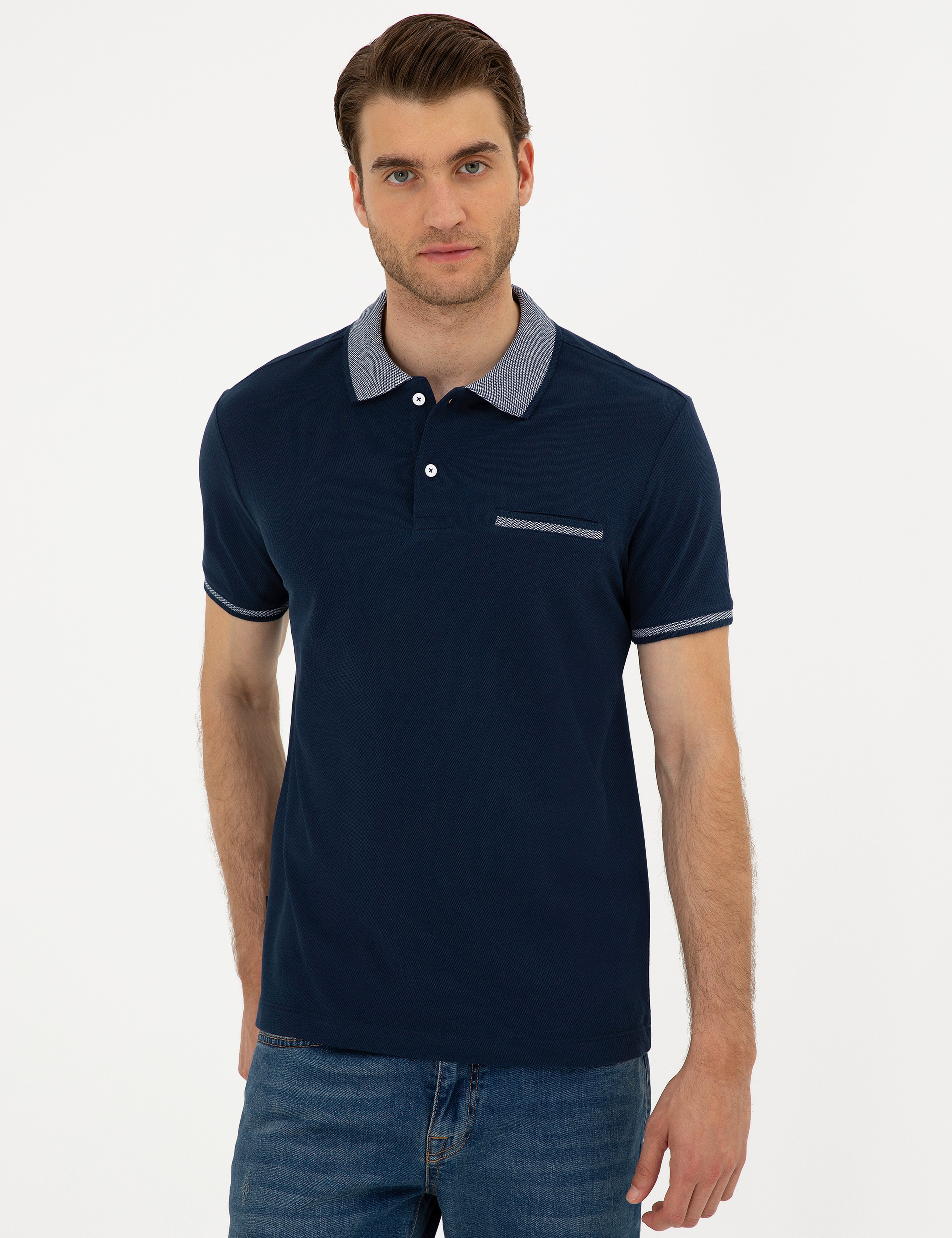 Lacivert Slim Fit %100 Pamuk Düğmeli Polo Yaka Tişört - Image 3